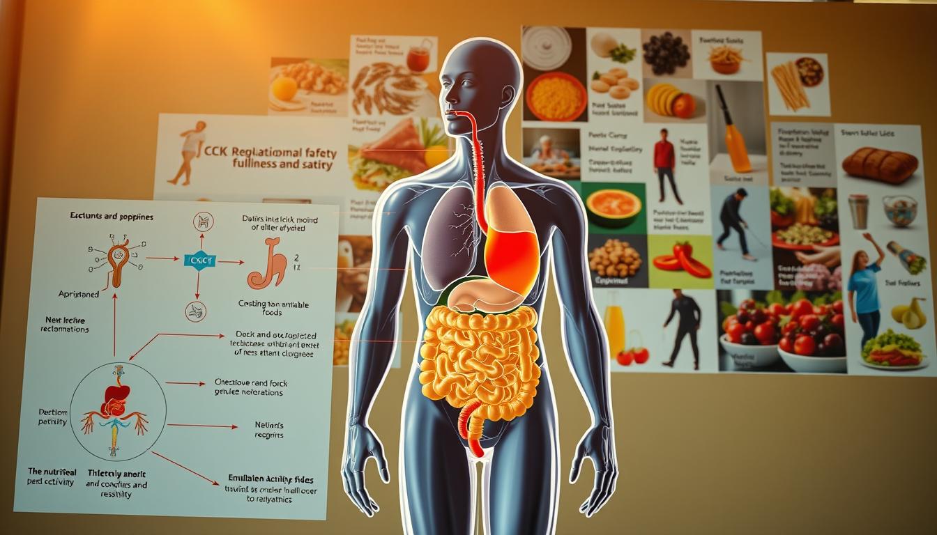 A vibrant and colorful illustration depicting various CCK regulation strategies. In the foreground, a detailed diagram showcases the key mechanisms by which CCK signals fullness and satiety, including receptor binding, neural pathways, and hormonal interactions. The middle ground features a human figure, rendered in a stylized anatomical style, with the gastrointestinal tract and relevant organs highlighted. In the background, a collage of supporting imagery illustrates the dietary and lifestyle factors that influence CCK production and sensitivity, such as nutrient-rich foods, physical activity, and stress management techniques. The scene is bathed in warm, natural lighting, creating a sense of depth and scientific elegance.