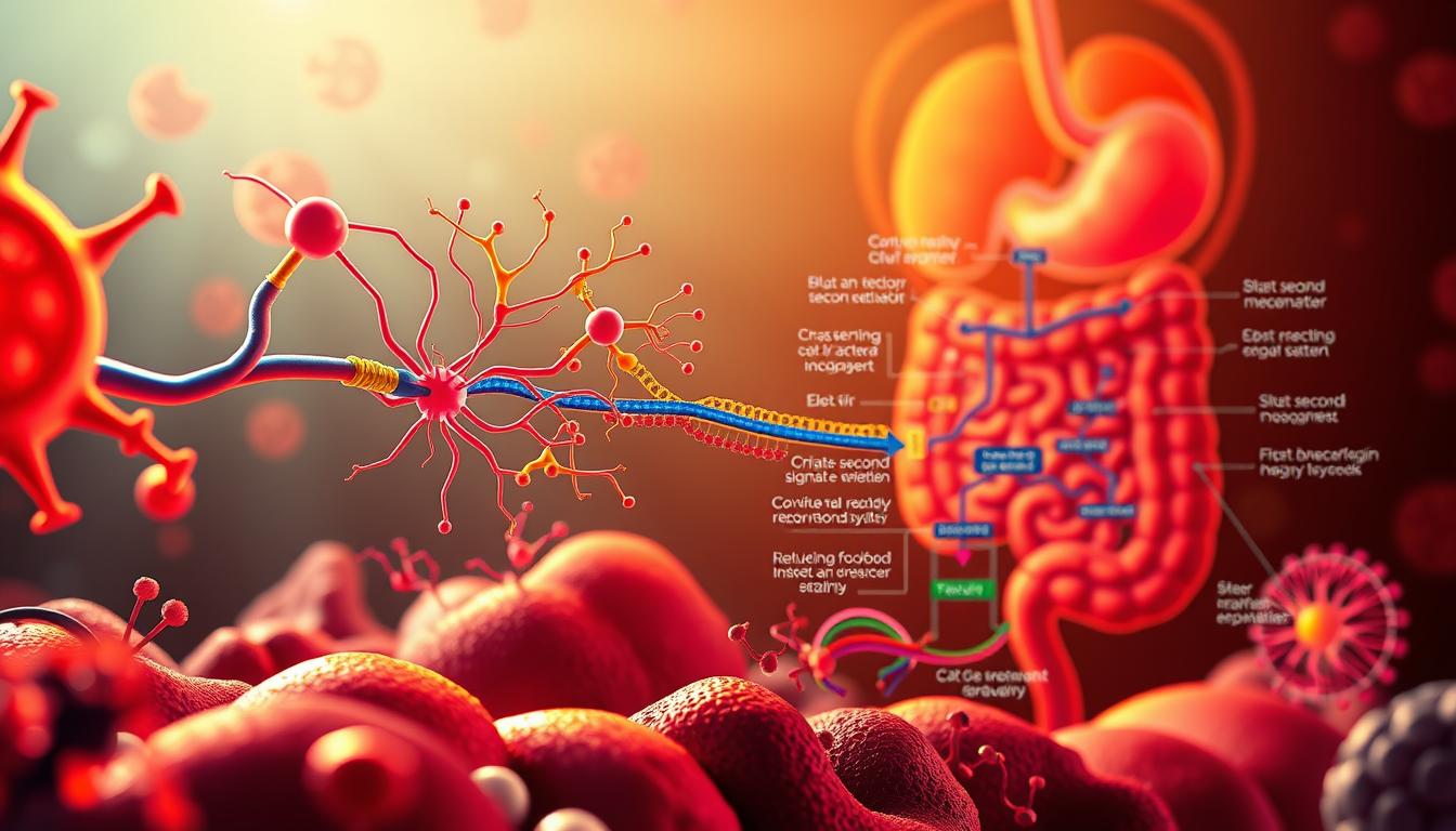 A vibrant and colorful illustration of the CCK signaling pathways. The foreground depicts the CCK hormone interacting with its receptors on the cell surface, triggering a complex cascade of intracellular signaling events. The middle ground showcases the downstream effects, such as the activation of second messengers and the initiation of various physiological responses, including the regulation of food intake and satiety. The background features a stylized representation of the gastrointestinal system, highlighting the role of CCK in the gut-brain axis. The scene is illuminated by a warm, diffused lighting, creating a sense of depth and enhancing the vibrancy of the colors. The overall composition conveys the intricate and interconnected nature of the CCK signaling pathways, which play a crucial role in the regulation of appetite and energy homeostasis.