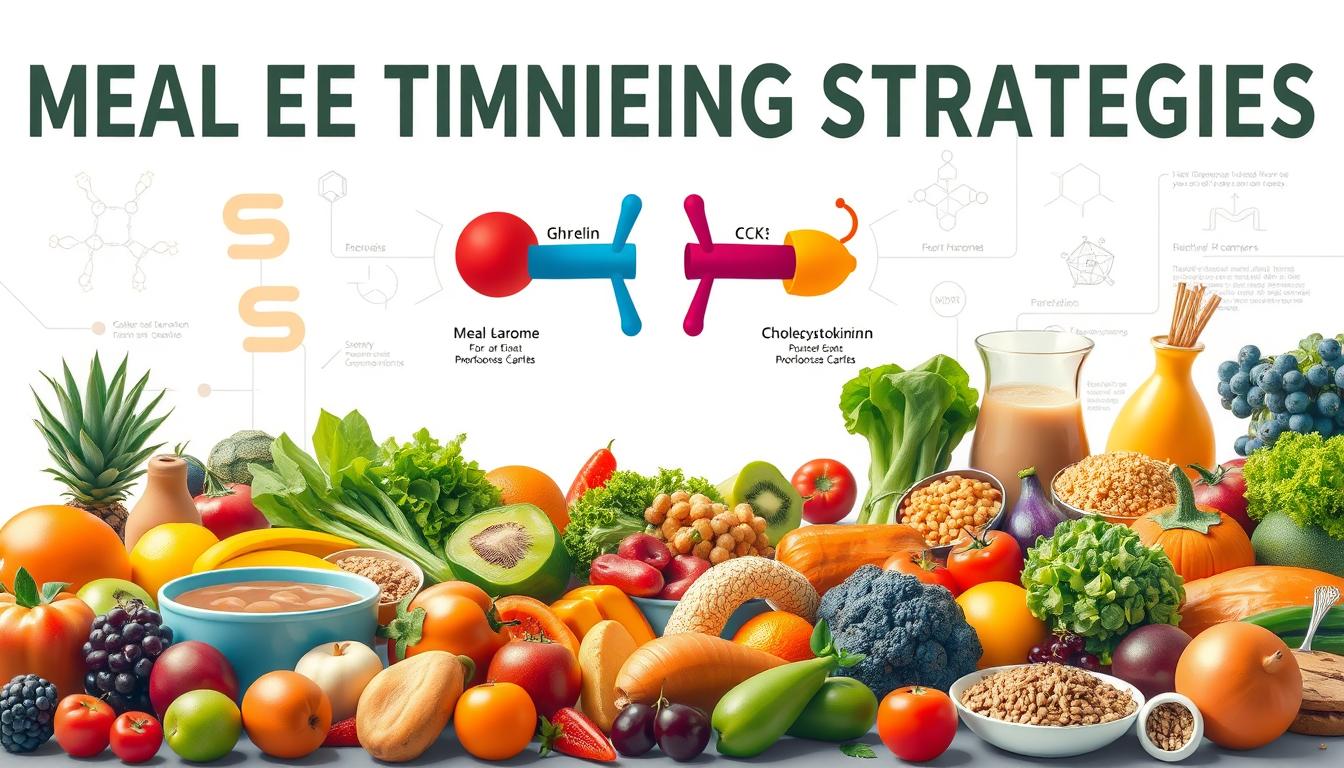 A vibrant and colorful illustration of various meal timing strategies for regulating hunger hormones. In the foreground, a diverse array of healthy meal options, including fruits, vegetables, proteins, and whole grains, are arranged in an appealing and visually striking manner. In the middle ground, a stylized depiction of the key hunger hormones, such as ghrelin and cholecystokinin (CCK), interacting with the meal components, showcasing their respective roles in hunger, satiety, and digestion. The background features a clean, minimalist design with subtle scientific diagrams or infographics, providing context and emphasizing the research-backed nature of the strategies. The overall composition is balanced, with a sense of harmony and visual interest, capturing the essence of the article's subject matter.