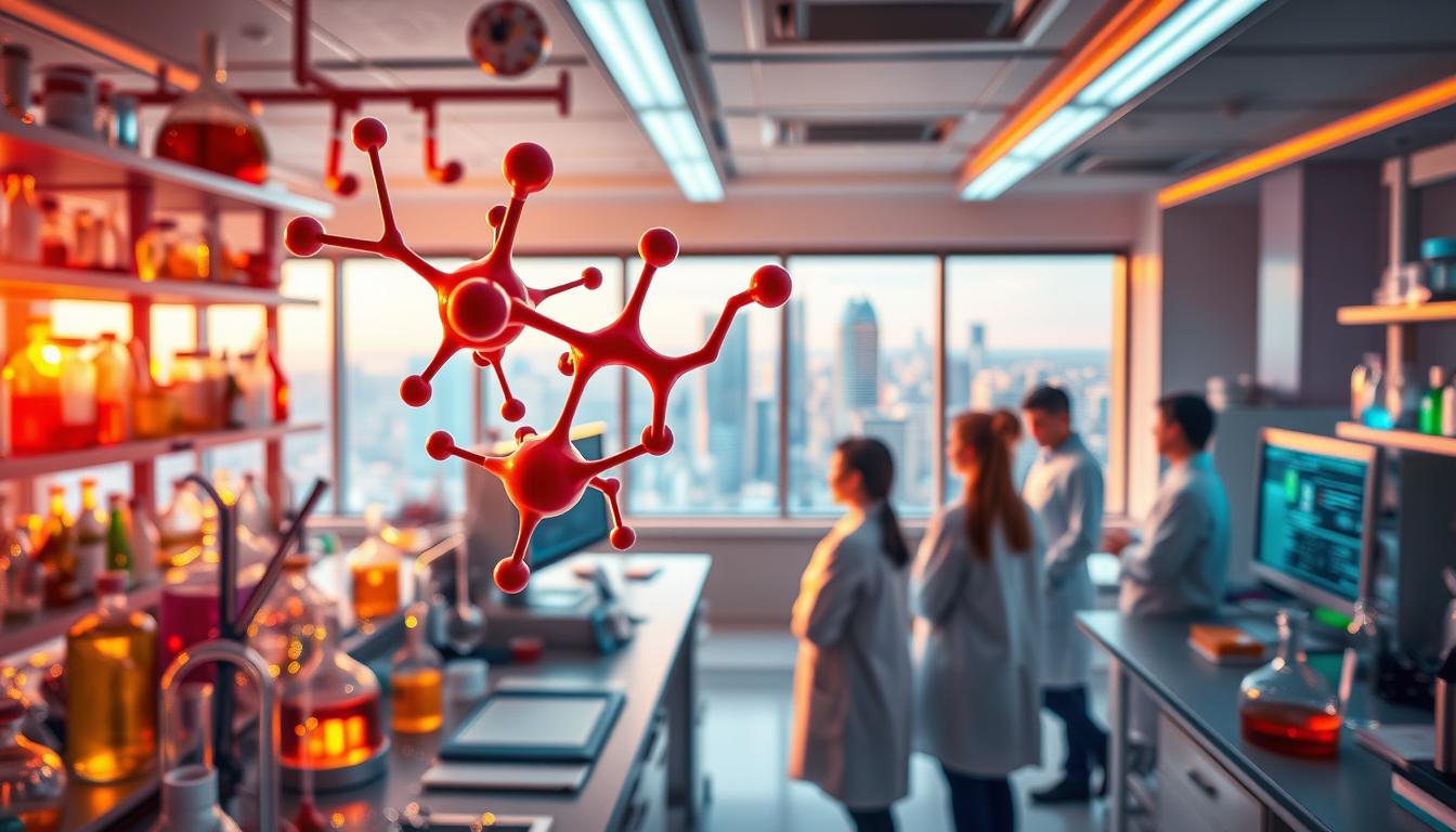 A vibrant and colorful laboratory setting, with an array of scientific instruments and glassware prominently displayed. In the foreground, a trio of hormones - CCK, Ghrelin, and a third, mysterious hormone - hover in a dance-like motion, their structures illuminated by a warm, diffused lighting. The middle ground features a team of researchers in white lab coats, peering intently at data displayed on a series of high-resolution monitors. In the background, a panoramic window offers a glimpse of a bustling city skyline, hinting at the broader implications and "pharmaceutical frontiers" of this research. The overall atmosphere conveys a sense of scientific exploration, innovation, and the pursuit of understanding the intricate mechanisms of hunger and appetite.