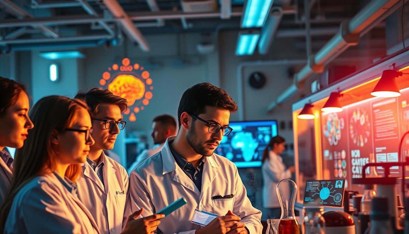 A vibrant and colorful scene depicting the future of CCK research and its applications. In the foreground, a group of researchers deeply engaged in their work, analyzing data and collaborating on experiments. Illuminated by warm, natural lighting, their faces reflect the intensity of their focus. In the middle ground, a series of visual aids and interactive displays, illustrating the complex relationship between CCK and its influence on human eating behaviors. The background showcases a state-of-the-art laboratory, filled with cutting-edge equipment and advanced technology, all working in harmony to uncover the mysteries of this powerful neurotransmitter. The overall atmosphere is one of scientific curiosity, innovation, and the promise of unlocking new insights that could revolutionize our understanding of the food-brain connection.