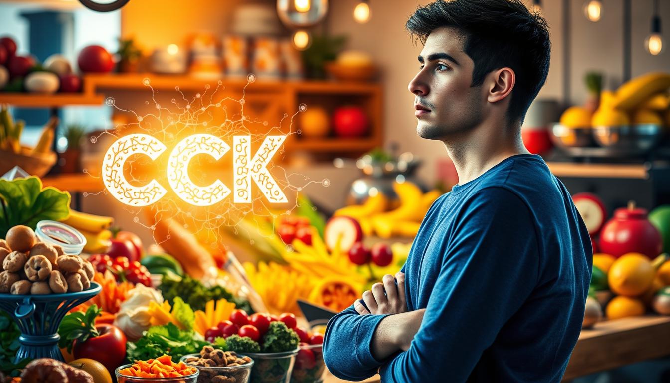 A vibrant and colorful scene depicting the impact of CCK (cholecystokinin) on food choices and preferences. In the foreground, a person stands before a sumptuous array of diverse, visually appealing food options, their expression thoughtful as they ponder their selection. The middle ground showcases a representation of CCK, a key hormone that regulates satiety and appetite, as a glowing, dynamic entity influencing the person's decision-making process. The background features a warm, inviting atmosphere with soft lighting, hinting at the emotional and physiological factors that shape our relationship with food. The overall composition conveys the complex interplay between biology, psychology, and the sensory experience of eating, highlighting CCK's pivotal role in rewiring our food preferences.