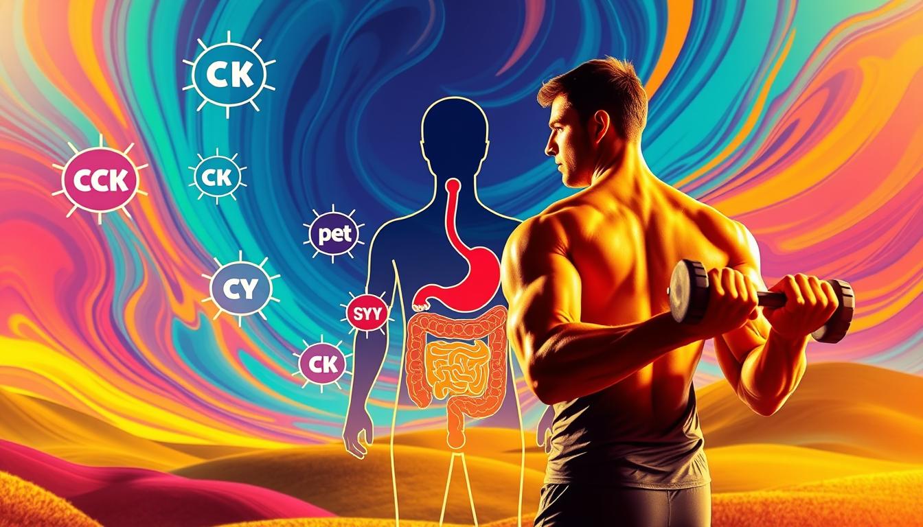 A vibrant and colorful scene depicting the impact of exercise on cholecystokinin (CCK) hormone production. In the foreground, a person performing a strength training exercise, their muscles straining with effort. Surrounding them, animated icons representing hormones like CCK, Peptide YY, and Glucagon-like Peptide-1 burst forth, illustrating the stimulation of satiety signals during physical activity. The middle ground features a stylized human digestive system, with the stomach and intestines highlighted to emphasize the origin of these appetite-regulating hormones. The background is a dynamic, abstract landscape, with swirling patterns and bold colors that convey the energetic, invigorating nature of the scene. Warm lighting casts a glow over the entire composition, lending a sense of vitality and wellness.