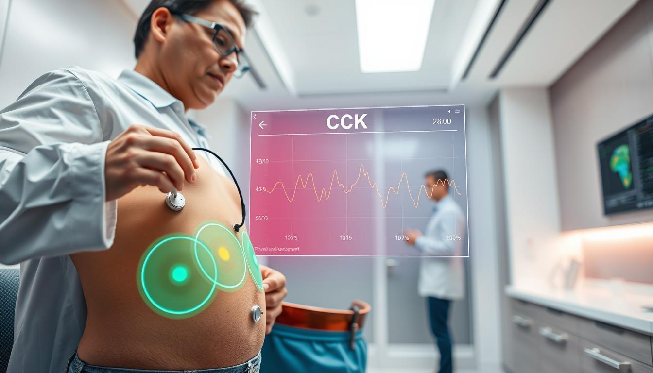 A vibrant and colorful scene of a person undergoing CCK (Cholecystokinin) monitoring for personalized nutrition. In the foreground, a medical professional carefully attaches electrodes to the person's abdomen, monitoring the real-time activity of the CCK hormone. The middle ground features a holographic display showcasing fluctuations in CCK levels, providing insights into the individual's unique digestive and metabolic patterns. In the background, a sleek and modern medical facility, with clean lines and soothing colors, creates a calming atmosphere. The lighting is soft and diffused, highlighting the intricate details of the monitoring process. The angle captures the collaborative nature of the personalized nutrition assessment, with the healthcare provider and the individual working together towards optimal wellness.