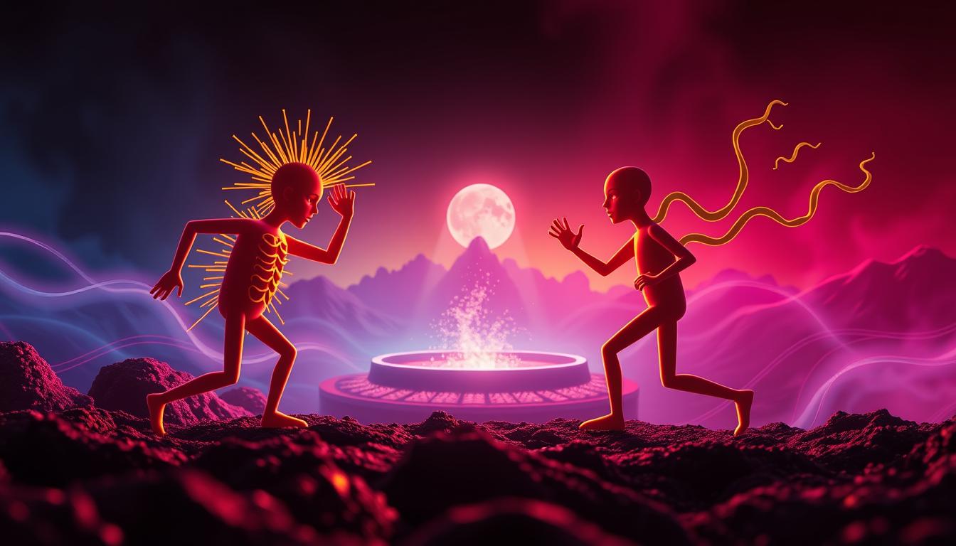 A vibrant and colorful scene showcasing the dynamic interplay between appetite hormones. In the foreground, a lively depiction of cholecystokinin (CCK) and ghrelin, the key players in the hormonal tug-of-war that regulates appetite. CCK, represented as a dynamic, radiant figure, signals feelings of fullness, while ghrelin, a more muted yet energetic presence, stimulates hunger. In the middle ground, a symbolic arena where these hormones clash, with visual cues hinting at the complex physiological processes at work. The background features a stylized, ethereal landscape, conveying the subtle, intricate nature of this hormonal regulation. Dramatic lighting and bold, vibrant colors create a sense of drama and urgency, reflecting the constant interplay between these appetite-governing hormones.