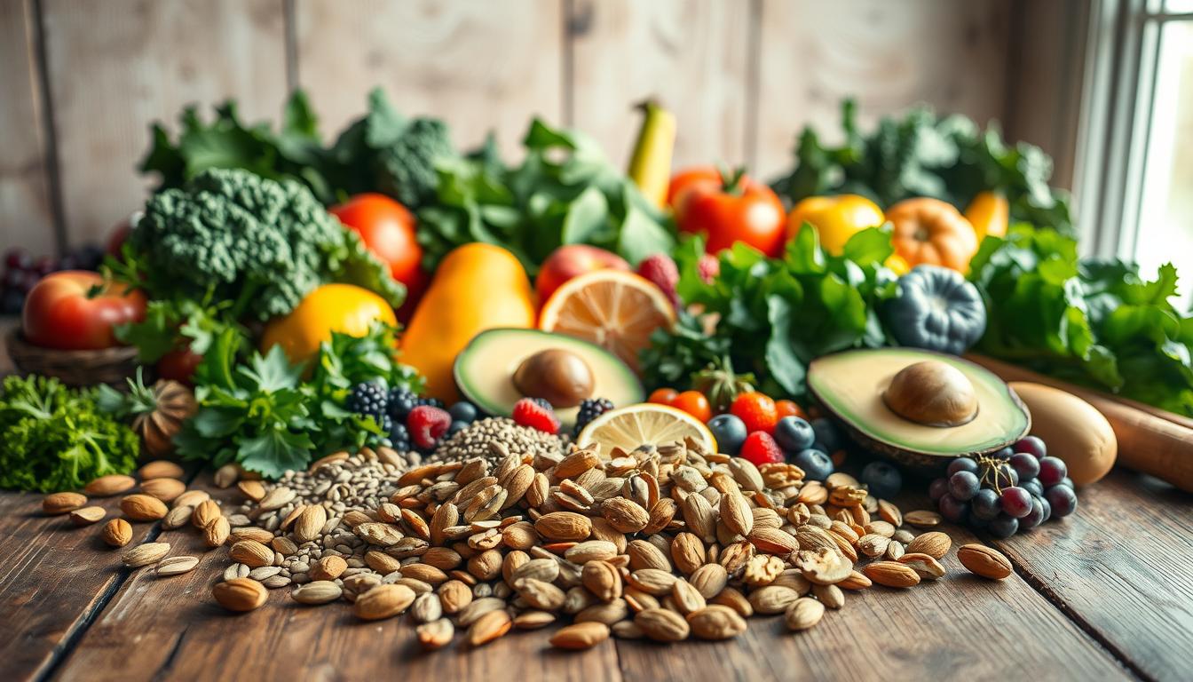 A vibrant and colorful still life composition of various CCK hormone-boosting foods, arranged on a rustic wooden table with natural lighting filtering in from the side. In the foreground, a variety of nuts and seeds, such as almonds, walnuts, and chia seeds, are scattered across the surface. In the middle ground, an assortment of fresh fruits, including berries, citrus, and avocado, are neatly displayed. The background features leafy greens, such as spinach and kale, along with other high-fiber vegetables, creating a balanced and nutritious scene. The overall mood is warm, inviting, and evocative of a healthy, wholesome lifestyle.