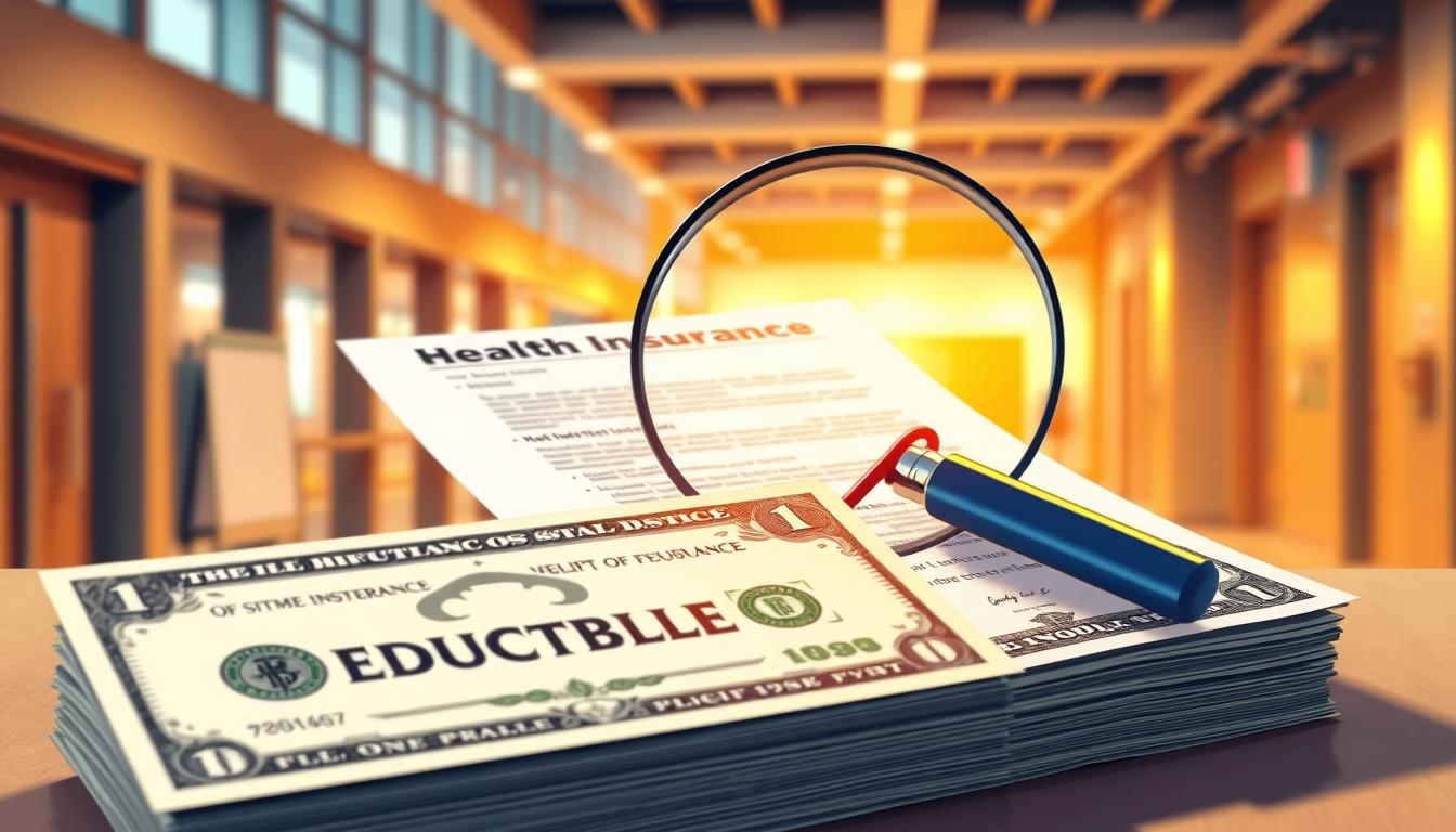 A vibrant and detailed illustration of a health insurance deductible. In the foreground, a stack of dollar bills, each with the word "DEDUCTIBLE" prominently displayed. In the middle ground, a magnifying glass examining the fine print of a health insurance policy, highlighting the key details. In the background, a modern medical facility or hospital, conveying the context of healthcare costs. The lighting is warm and inviting, creating a sense of understanding and clarity around the financial aspect of health insurance. The perspective is slightly elevated, giving the viewer a sense of authority and control over the subject matter.