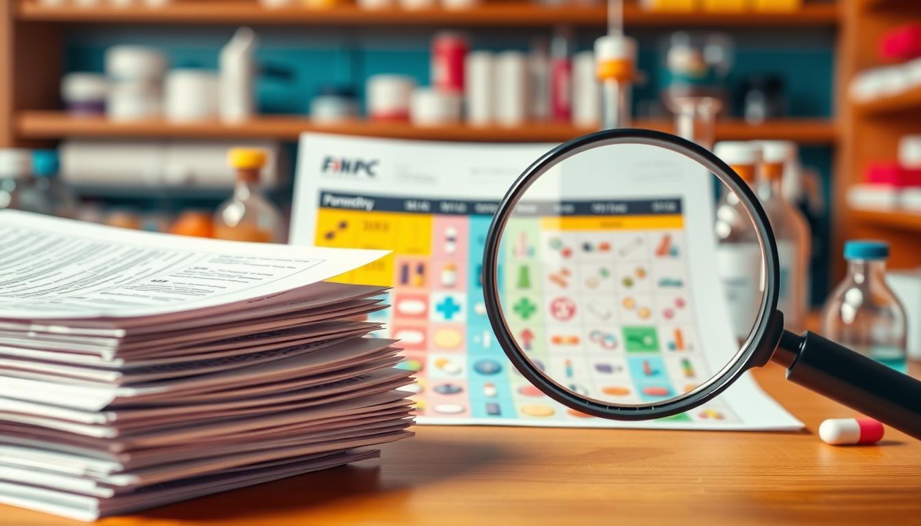 A vibrant and detailed illustration of a prescription drug formulary. In the foreground, a stack of documents with a magnifying glass examining the fine print. In the middle ground, a colorful grid of icons representing various medication categories and tiers. In the background, a blurred pharmaceutical landscape with test tubes, beakers, and medical equipment. Warm lighting casts a professional, scientific atmosphere. Captured with a wide-angle lens to convey the complexity and breadth of the subject matter.