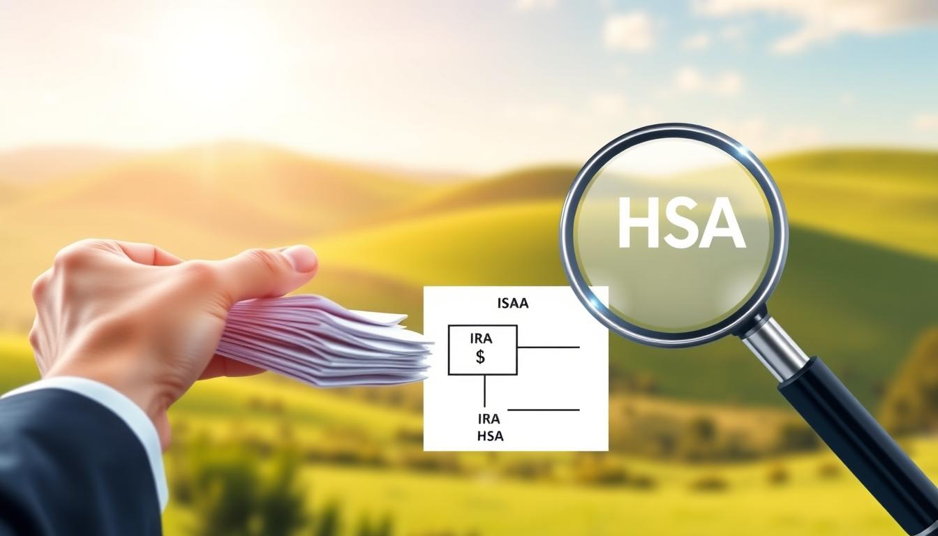 A vibrant and detailed illustration of an IRA-to-HSA rollover transaction. In the foreground, a financial advisor's hand holds a stack of documents, symbolizing the paperwork involved. In the middle ground, a magnifying glass examines a crisp, high-contrast diagram depicting the flow of funds from an IRA account to an HSA account. The background features a soft, blurred landscape of rolling hills and a bright, sun-dappled sky, conveying a sense of financial security and growth.