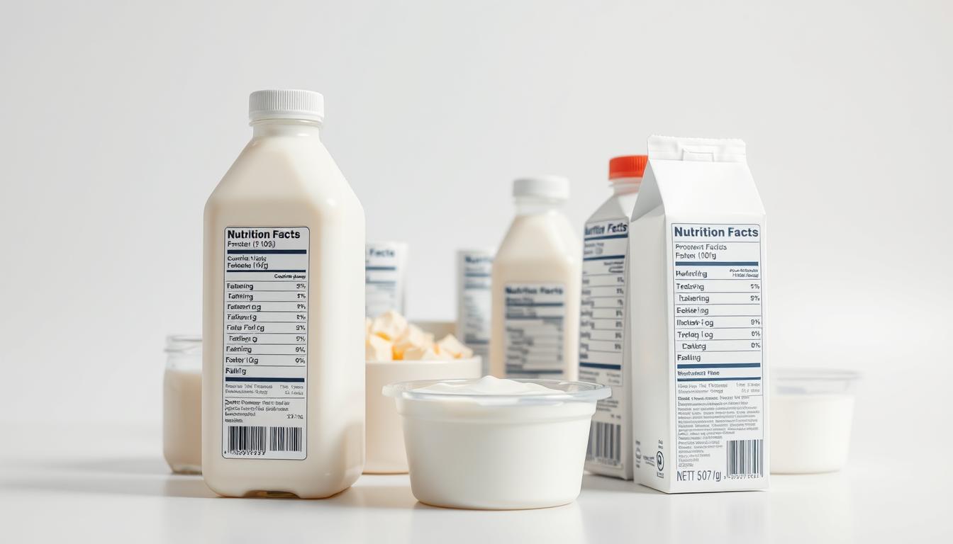 A vibrant and informative display of dairy nutrition labels, meticulously arranged in a clean, modern composition. In the foreground, two prominent dairy products, such as milk and yogurt, with their nutrition facts panels prominently featured. In the middle ground, a selection of additional dairy items, each with their own distinct nutrition information, creating a visually engaging comparison. The background subtly blends shades of white and soft blues, evoking a sense of purity and clarity, allowing the key elements to take center stage. Crisp lighting from multiple angles accentuates the details of the labels, making them easy to read and analyze. The overall mood is one of clarity, precision, and a focus on making informed decisions about dairy nutrition. A vibrant and informative display of dairy nutrition labels, meticulously arranged in a clean, modern composition. In the foreground, two prominent dairy products, such as milk and yogurt, with their nutrition facts panels prominently featured. In the middle ground, a selection of additional dairy items, each with their own distinct nutrition information, creating a visually engaging comparison. The background subtly blends shades of white and soft blues, evoking a sense of purity and clarity, allowing the key elements to take center stage. Crisp lighting from multiple angles accentuates the details of the labels, making them easy to read and analyze. The overall mood is one of clarity, precision, and a focus on making informed decisions about dairy nutrition.