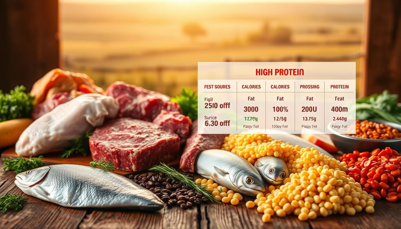 A vibrant and informative guide to the nutritional value of various meat and protein sources. In the foreground, an array of high-protein foods like chicken, beef, fish, and legumes are artfully arranged on a rustic wooden table, illuminated by warm, natural lighting. In the middle ground, a clean and minimalist infographic displays key nutritional data, such as calories, fat, and protein content, for each protein type. The background features a soft, blurred landscape, hinting at the agricultural origins of these ingredients. The overall composition conveys a sense of health, wellness, and the importance of making informed choices when it comes to protein consumption. A vibrant and informative guide to the nutritional value of various meat and protein sources. In the foreground, an array of high-protein foods like chicken, beef, fish, and legumes are artfully arranged on a rustic wooden table, illuminated by warm, natural lighting. In the middle ground, a clean and minimalist infographic displays key nutritional data, such as calories, fat, and protein content, for each protein type. The background features a soft, blurred landscape, hinting at the agricultural origins of these ingredients. The overall composition conveys a sense of health, wellness, and the importance of making informed choices when it comes to protein consumption.