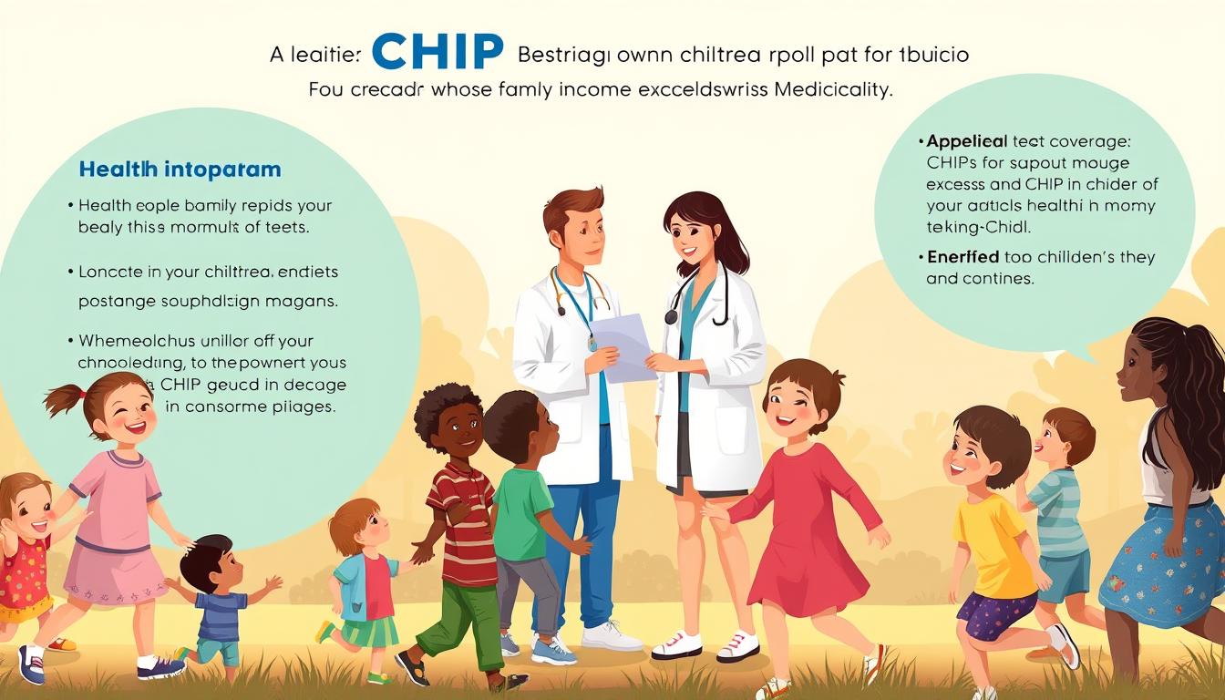 A vibrant and informative illustration of the CHIP health program, showcasing its benefits for children and teens whose family income exceeds Medicaid limits. The foreground depicts a group of happy, diverse children and teens playing and engaging in various activities, representing the program's coverage. The middle ground features a healthcare professional providing guidance and information to a family, symbolizing the accessible and supportive nature of CHIP. The background showcases a serene, warm-toned setting, conveying the sense of security and well-being that the program provides. The image is captured with a wide-angle lens, creating a cohesive and immersive scene that effectively communicates the key aspects of the CHIP program.