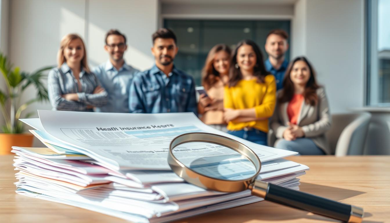 A vibrant and informative scene depicting the essence of health insurance. In the foreground, a stack of colorful insurance documents and a magnifying glass, symbolizing the careful research and analysis required. In the middle ground, a group of diverse individuals, each with a focused expression, representing the wide range of people seeking the best coverage and discounts. The background showcases a modern, minimalist office setting, with clean lines and a soothing color palette, creating a professional and trustworthy atmosphere. Soft, natural lighting illuminates the scene, highlighting the attention to detail and the importance of making informed decisions about health insurance.