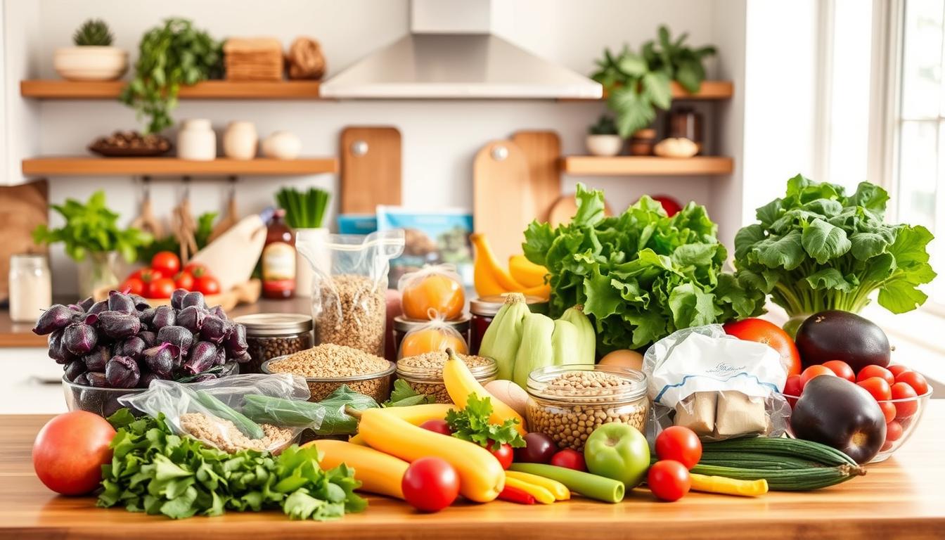A vibrant and inviting kitchen counter, filled with an array of wallet-friendly, healthy recipe ingredients. In the foreground, a variety of fresh produce such as leafy greens, colorful vegetables, and ripe fruits, artfully arranged. In the middle ground, a selection of whole grains, legumes, and lean proteins, all within easy reach. The background features a bright, airy setting with natural lighting pouring in, creating a warm, nourishing atmosphere. The scene exudes a sense of balance, simplicity, and accessibility, perfectly capturing the essence of "Lunch Solutions Under $2/Serving."