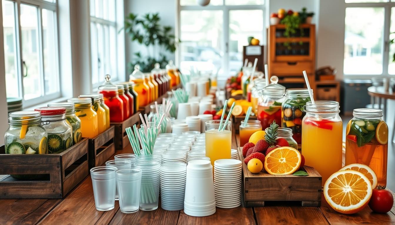 A vibrant and inviting potluck beverage station, featuring an array of healthy, refreshing options. In the foreground, a long wooden table is laden with glass jars and pitchers brimming with infused waters, homemade juices, and herbal teas. Ripe fruits, freshly sliced, add pops of color and natural sweetness. Elegant glassware and rustic wooden crates create a visually appealing display. In the middle ground, a variety of reusable cups and straws are neatly arranged, encouraging eco-friendly choices. The background showcases a bright, airy space with natural lighting filtering through large windows, creating a warm and inviting atmosphere. The overall scene evokes a sense of health, sustainability, and community, perfectly complementing the "Healthy Potluck" theme.