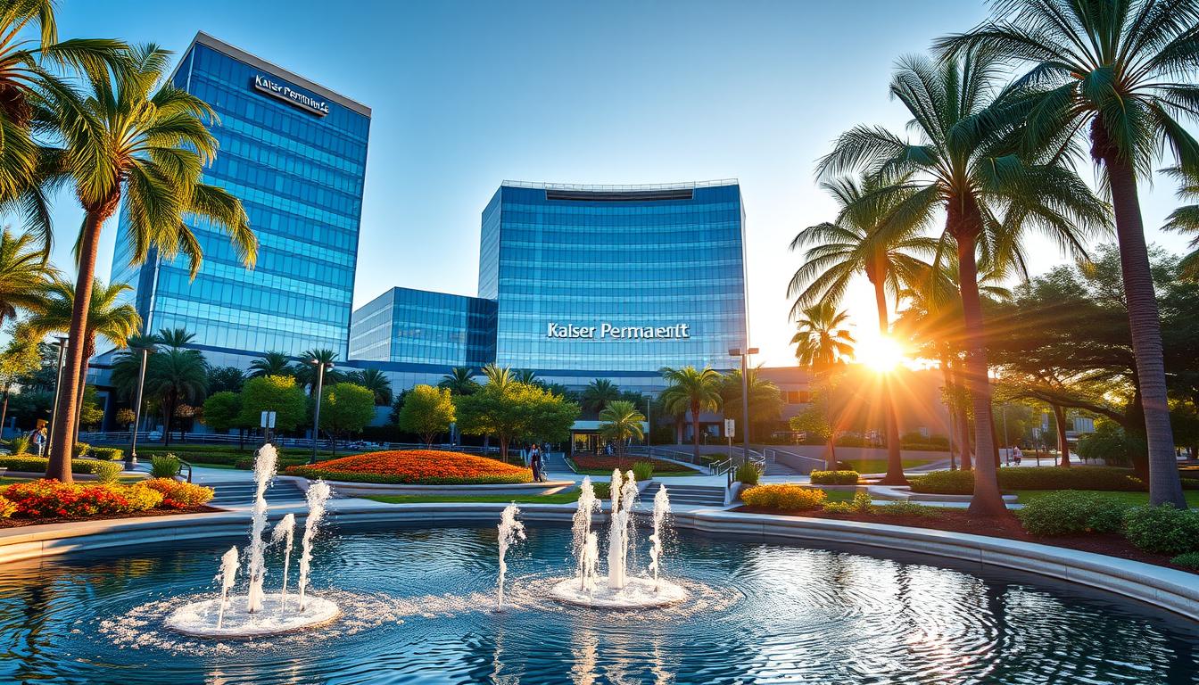 A vibrant and modern medical campus nestled amidst lush greenery, the Kaiser Permanente headquarters stand tall, its sleek glass facades reflecting the sun's warm glow. In the foreground, a serene water feature with cascading fountains creates a calming ambiance. The middle ground showcases neatly manicured landscaping and pedestrian-friendly walkways, inviting visitors to explore the well-designed, accessible facilities. In the background, towering palm trees sway gently, framing the scene and adding a touch of natural elegance. This image conveys the high-quality, affordable healthcare experience that Kaiser Permanente is known for, with a strong emphasis on patient-centric design and environmental sustainability.