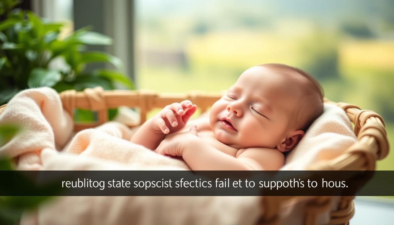 A vibrant and serene scene of a newborn baby nestled in a cozy cradle, surrounded by lush greenery and a soft, natural light. The infant's delicate features are framed by a soothing pastel-colored blanket, exuding a sense of health and well-being. In the middle ground, a parent's gentle hand tenderly caresses the baby's cheek, conveying a sense of love and nurturing care. The background features a blurred, natural landscape, creating a calming, peaceful atmosphere that evokes the concept of public programs and state options available to support the health and well-being of new families.