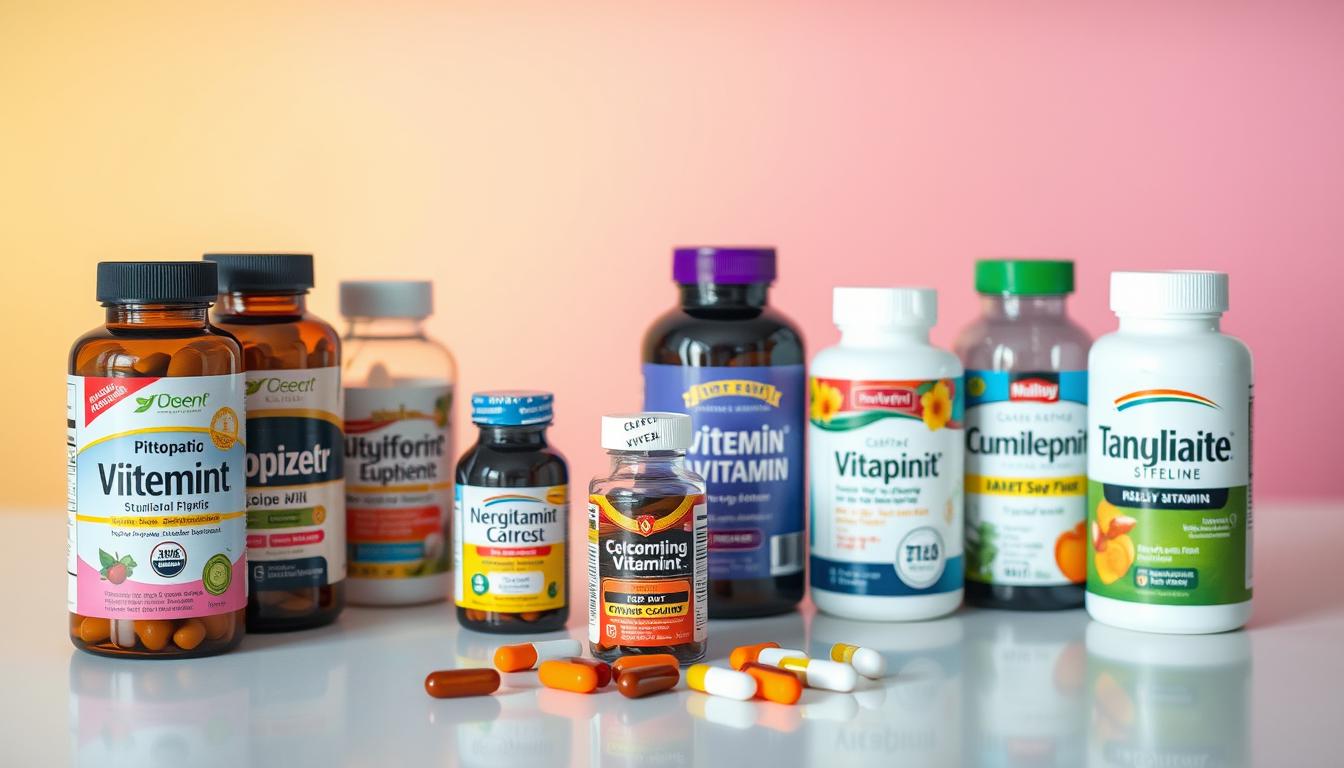 A vibrant and visually appealing comparison of affordable multivitamin options. On a clean, well-lit tabletop, arrange a selection of high-quality multivitamin bottles in the foreground, each with clear, unobstructed labels. In the middle ground, place several open bottles to showcase the diverse vitamin and mineral contents. The background should feature a soft, blurred gradient of complementary colors, creating a sense of depth and emphasizing the products. Capture the scene with a wide-angle lens, ensuring a balanced composition that highlights the variety and accessibility of these budget-friendly multivitamin choices.