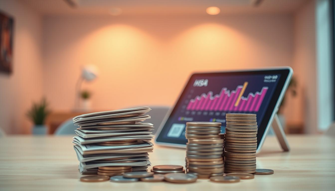 A vibrant and visually engaging image of "funding hsa". A neatly organized stack of dollar bills and coins in the foreground, representing the accumulated savings in a Health Savings Account (HSA). In the middle ground, a modern-looking healthcare card and a digital tablet displaying financial graphs and charts, conveying the smart and strategic management of HSA funds. The background features a clean, minimalist office setting with warm, diffused lighting, creating a sense of professionalism and financial stability. The overall composition and color palette evoke a mood of financial savvy, health-conscious planning, and a well-funded future.