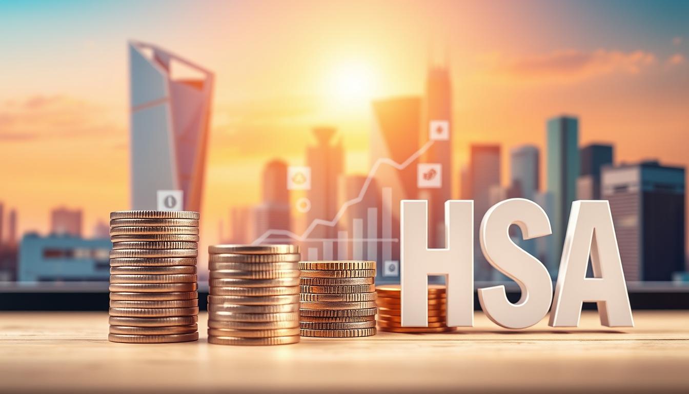 A vibrant and visually engaging scene depicting the investing aspect of a Health Savings Account (HSA). In the foreground, a stack of coins and a graph chart representing the growth potential of HSA investments. In the middle ground, a stylized representation of financial tools and data visualizations, conveying the complex yet rewarding nature of HSA investing. The background features a modern, minimalist cityscape with a warm, golden glow, symbolizing the long-term financial security that can be achieved through prudent HSA investment strategies. The overall composition should evoke a sense of financial empowerment and the opportunity for sustainable wealth-building through this unique healthcare savings vehicle.