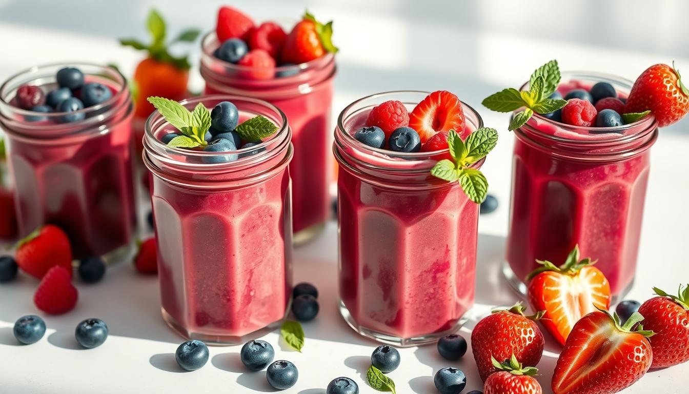 A vibrant arrangement of low-calorie berry smoothies in glass jars, garnished with fresh berries and mint leaves. The smoothies feature a mix of blueberries, raspberries, and strawberries, creating a rich, jewel-toned palette. Soft, natural lighting illuminates the scene, casting a warm glow and highlighting the vibrant colors. The jars are positioned on a clean, light-colored surface, allowing the smoothies to take center stage. The overall composition conveys a sense of freshness, health, and an energizing boost to the viewer's metabolism.