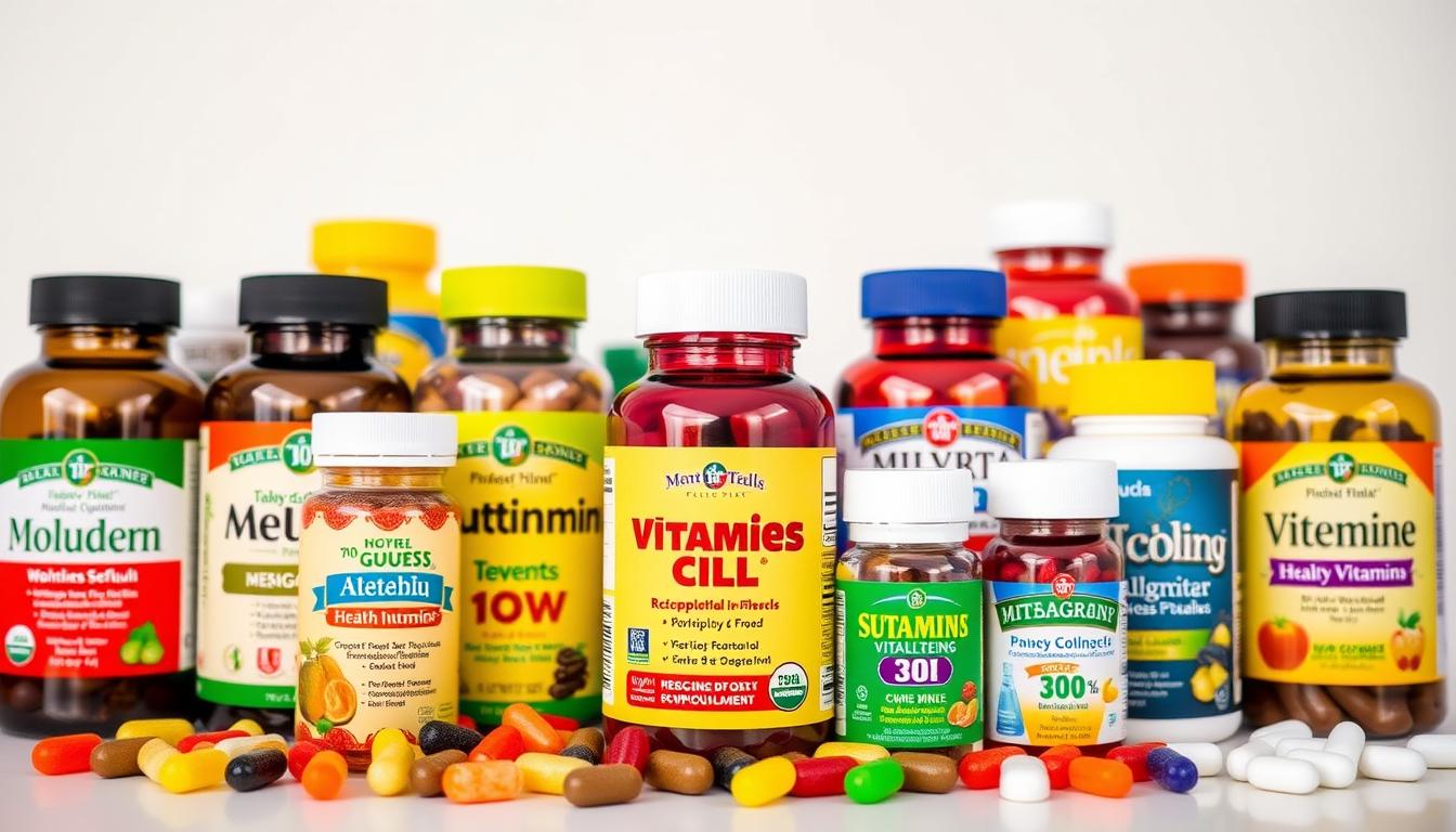 A vibrant array of economical multivitamin bottles, labels displaying their unique health-specific formulations. In the foreground, a selection of daily supplements tailored for men, women, and seniors, showcasing their targeted nutrient profiles. In the middle ground, a diverse range of gummy vitamins and chewable tablets, each designed to address specific wellness needs. The background features a clean, minimalist setting, allowing the vibrant packaging to take center stage and highlight the accessible, budget-friendly options available for maintaining overall health.