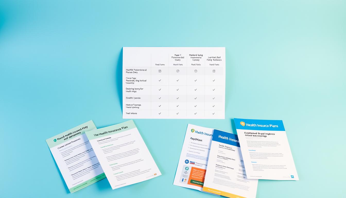 A vibrant array of health insurance plans laid out on a clean, minimalist background. In the foreground, various plan options with clear icons and labels, showcasing their key features. In the middle ground, a comparison chart highlighting the differences in coverage, deductibles, and premiums. The background subtly blends shades of blue and green, conveying a sense of trust and reliability. The lighting is soft and even, illuminating the details of the plans without any harsh shadows. The camera angle is slightly elevated, allowing the viewer to easily scan and compare the various options. The overall mood is informative and inviting, encouraging the audience to make an informed decision about their health insurance.