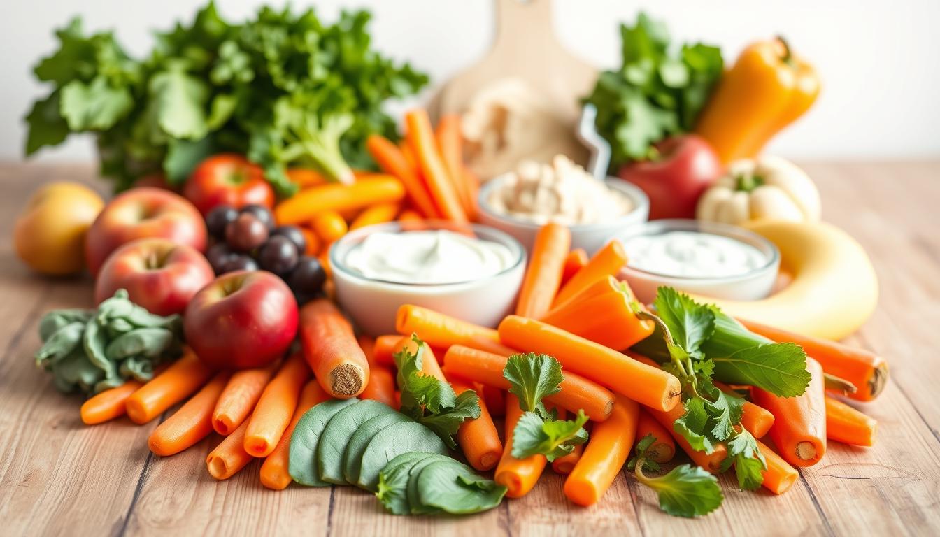 A vibrant assortment of fresh, whole food snack alternatives for clean eating on a budget. In the foreground, a variety of colorful fruits and vegetables, such as apples, carrots, and bell peppers, neatly arranged on a wooden table. In the middle ground, small bowls filled with nutritious dips and spreads, like hummus and yogurt-based dips. The background features a light, airy setting with natural lighting, showcasing the simplicity and healthiness of these budget-friendly snack options.