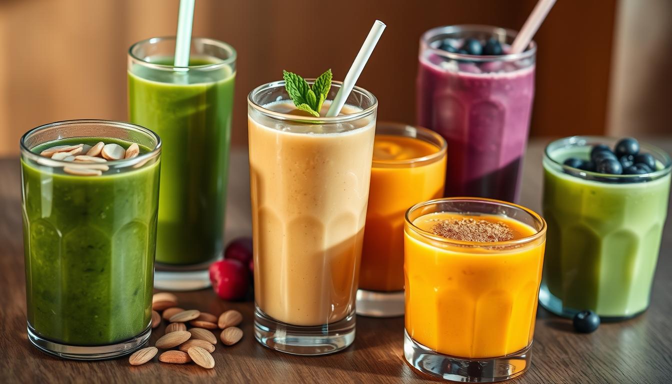 A vibrant assortment of protein-packed smoothies arranged on a simple wooden table. In the foreground, a refreshing green smoothie with spinach, banana, and plant-based protein powder. Beside it, a creamy peanut butter and berry smoothie topped with sliced almonds. In the middle, a bright orange carrot, mango, and turmeric smoothie garnished with a sprinkle of cinnamon. In the background, a deep purple acai and blueberry smoothie, its rich color complemented by a few fresh berries. Soft, natural lighting illuminates the scene, casting a warm glow and highlighting the vibrant hues of the smoothies. The overall atmosphere is one of healthy, nourishing indulgence, showcasing the versatility and affordability of protein-packed smoothies.