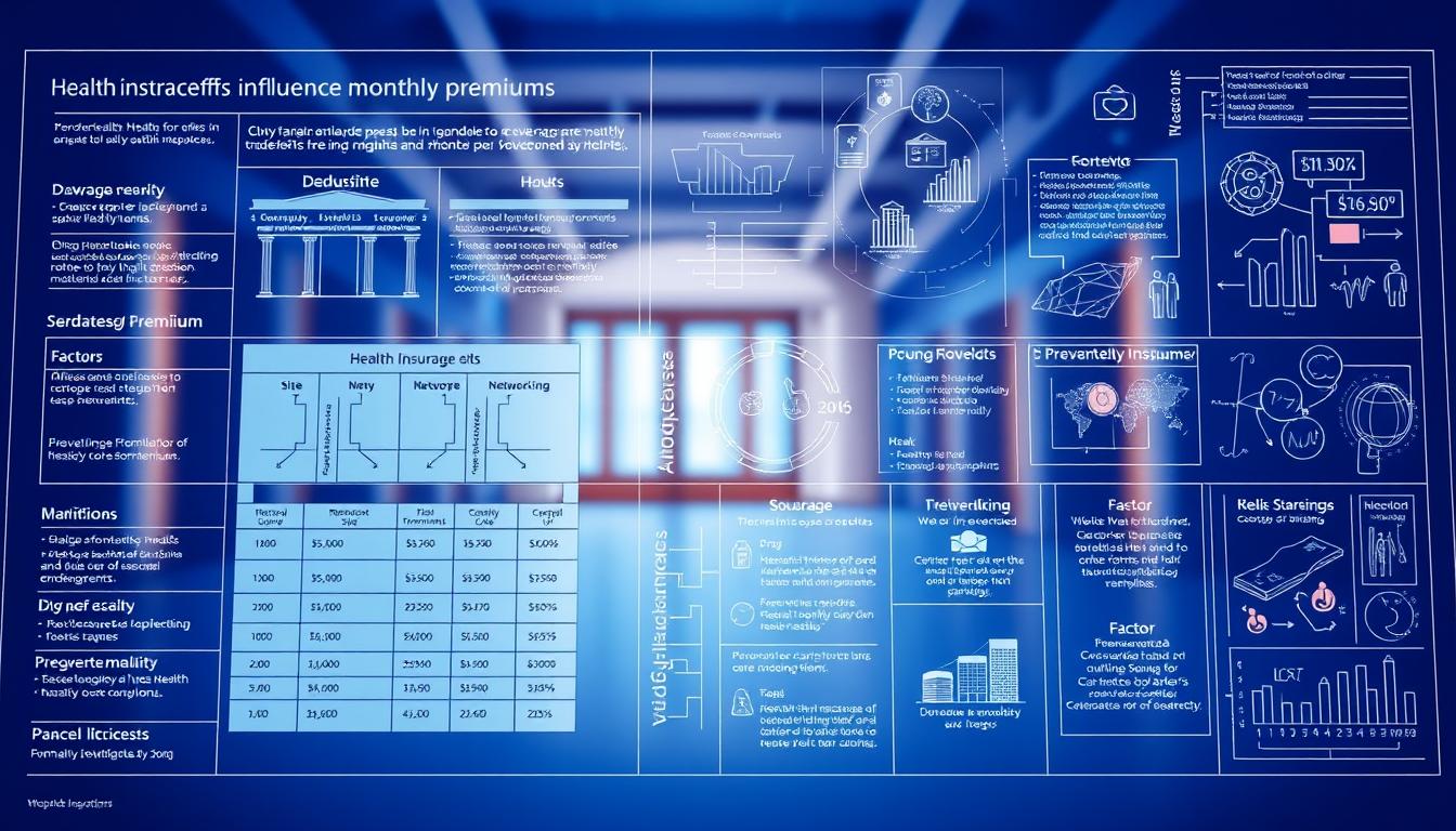 A vibrant blueprint of a health insurance plan, with intricate schematics and diagrams illuminating the key design tradeoffs that influence monthly premiums. The foreground features a detailed schematic of plan coverage levels, deductibles, and out-of-pocket maximums, rendered in clean, technical lines and a cool color palette. The middle ground showcases visual representations of factors such as network size, drug formulary, and preventive care benefits, each element carefully balanced to convey the interconnected nature of plan design. The background depicts a softly-lit, architectural perspective, hinting at the complex infrastructure and actuarial principles underlying premium calculations. Overall, the image projects a sense of informed, data-driven decision making, guiding the viewer through the nuances of plan design that shape insurance costs.