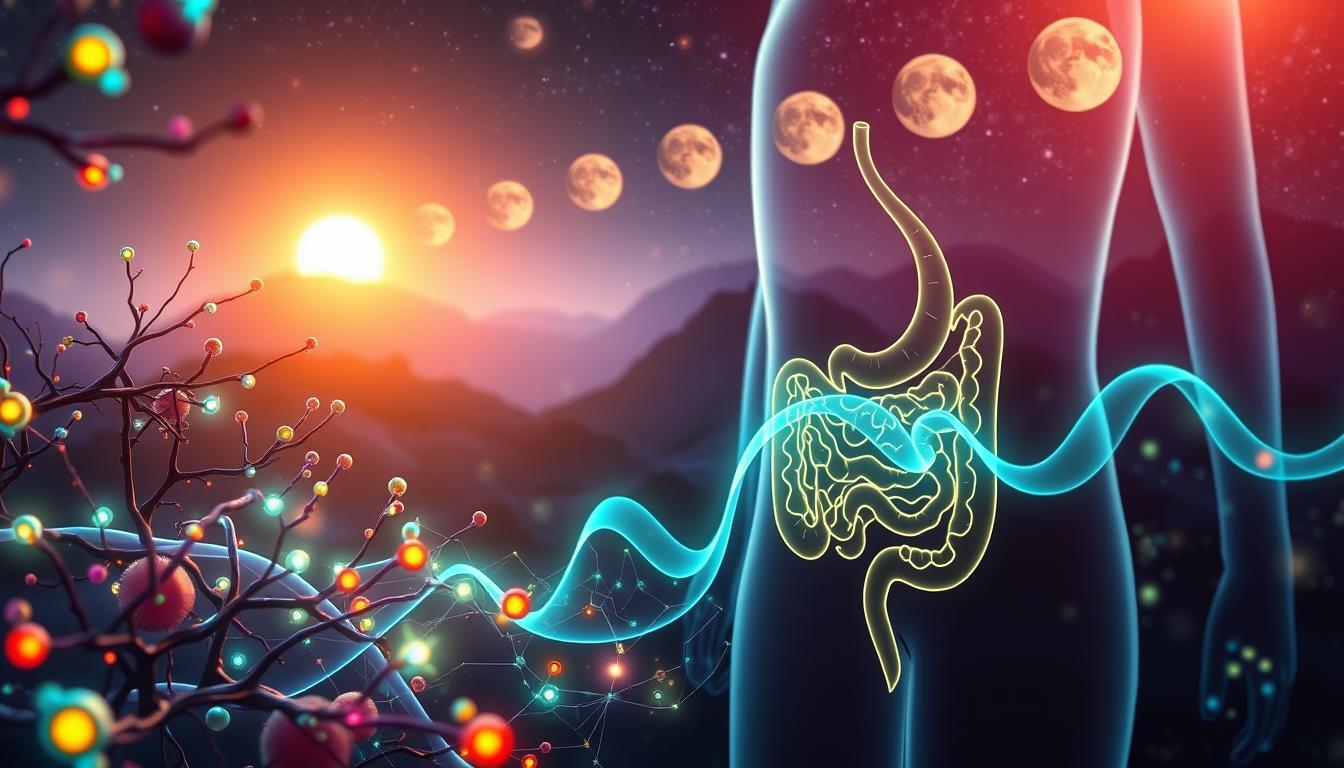 A vibrant, circadian-inspired scene depicting the rhythmic production of cholecystokinin (CCK) in the human gut. In the foreground, a pulsing network of glowing neurons and endocrine cells, their activity synchronized with the day-night cycle. The middle ground features a stylized digestive tract, its peristaltic waves in sync with the rising and setting of the sun, symbolizing the hormonal ebb and flow. In the background, a hypnotic celestial backdrop with moons and stars, underscoring the deep, evolutionary connection between our internal clocks and the rhythms of the natural world. Rendered in a rich, colorful palette with a hint of scientific abstraction, capturing the elegance and complexity of this biological process.