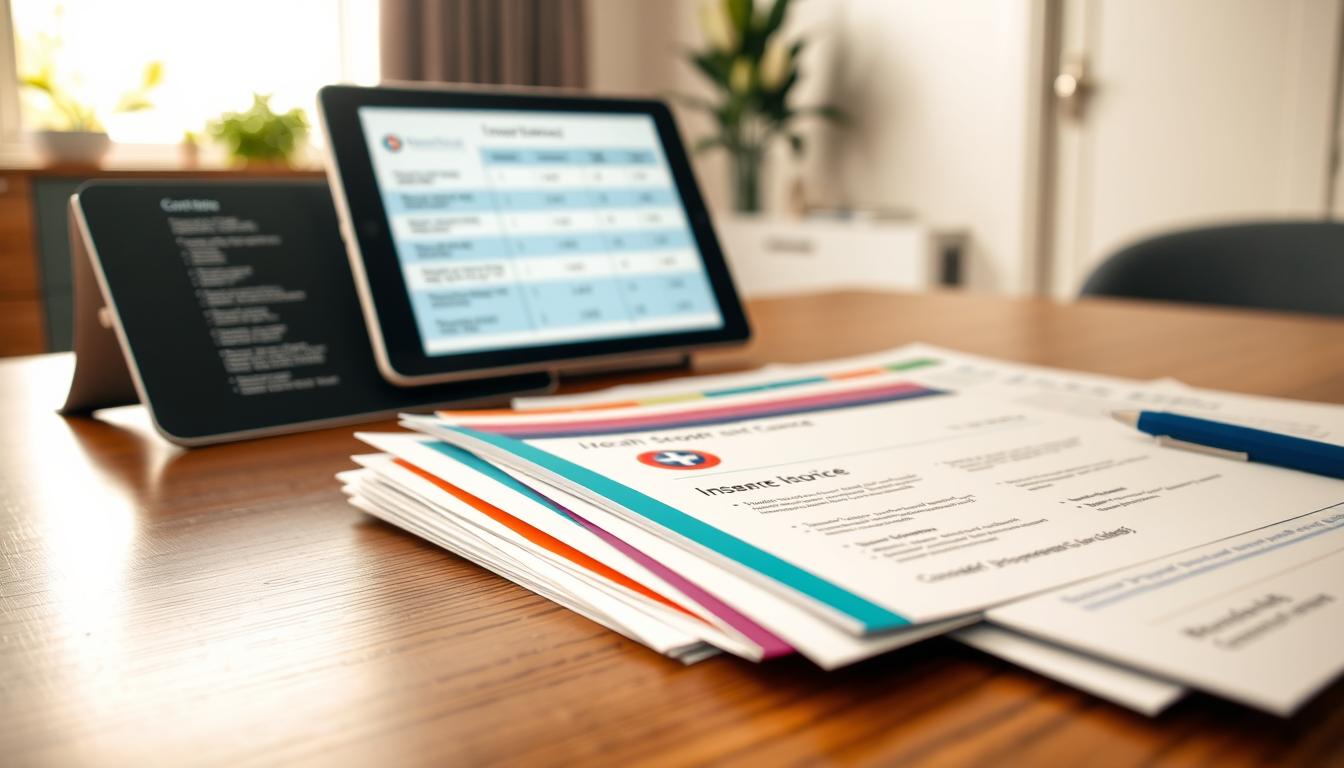 A vibrant, close-up scene of various health insurance coverage options laid out on a wooden desk. In the foreground, a stack of colorful insurance policy documents, with their logos and key details clearly visible. The middle ground features a tablet displaying an interactive comparison of different coverage plans and their benefits. In the background, a modern office setting with clean lines and neutral tones, creating a professional, trustworthy atmosphere. Warm, natural lighting casts a soft glow over the scene, highlighting the importance and clarity of the insurance options presented.