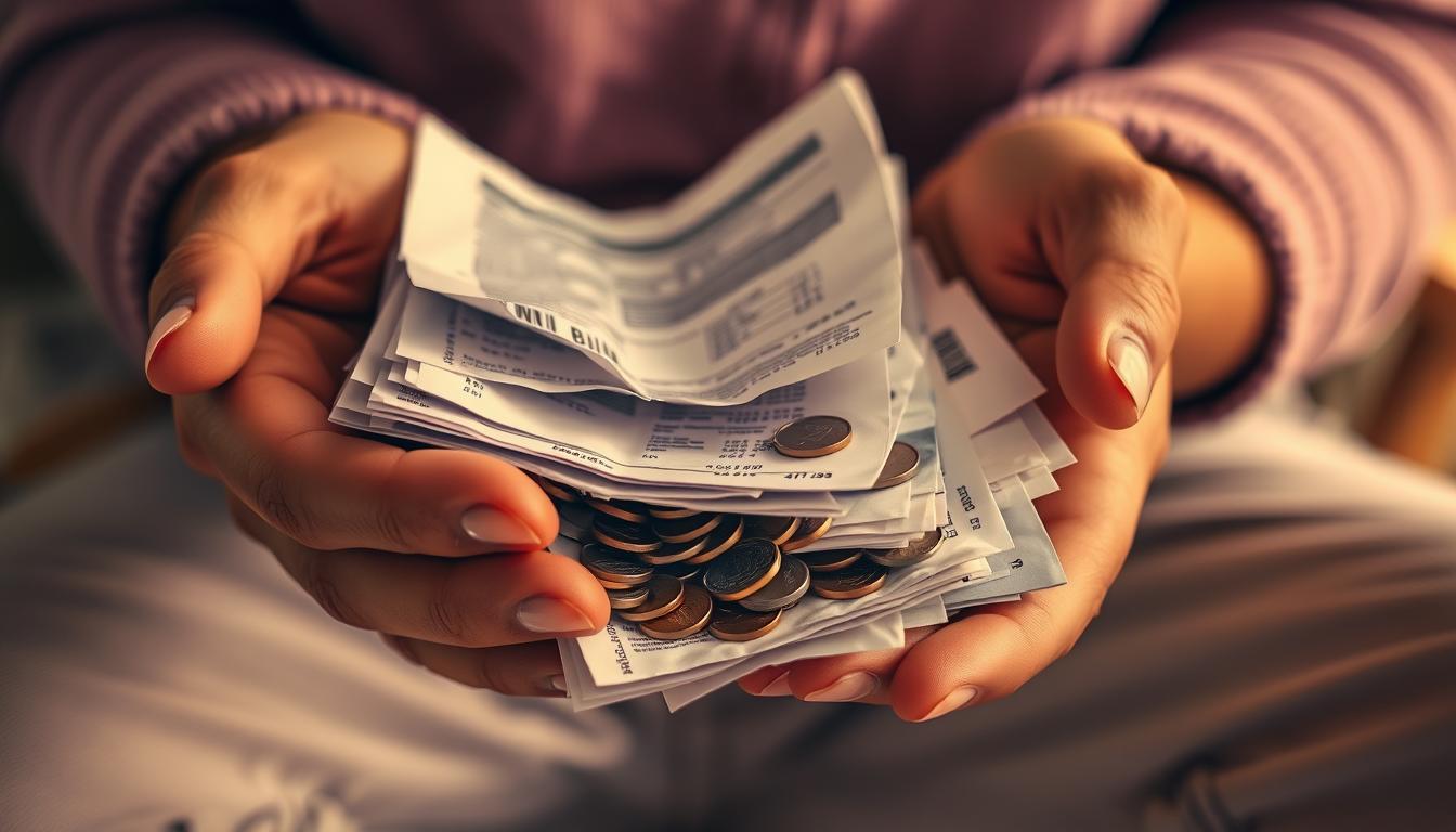 A vibrant close-up shot of a person's hands holding a stack of medical bills, receipts, and coins, conveying the financial burden of out-of-pocket healthcare costs. The bills and receipts are crumpled, suggesting the stress and frustration of managing these expenses. The coins are scattered, hinting at the careful budgeting required. The lighting is warm and soft, creating a sense of intimacy and thoughtfulness. The focus is sharp on the hands, drawing the viewer's attention to the tangible reality of these pocket costs.