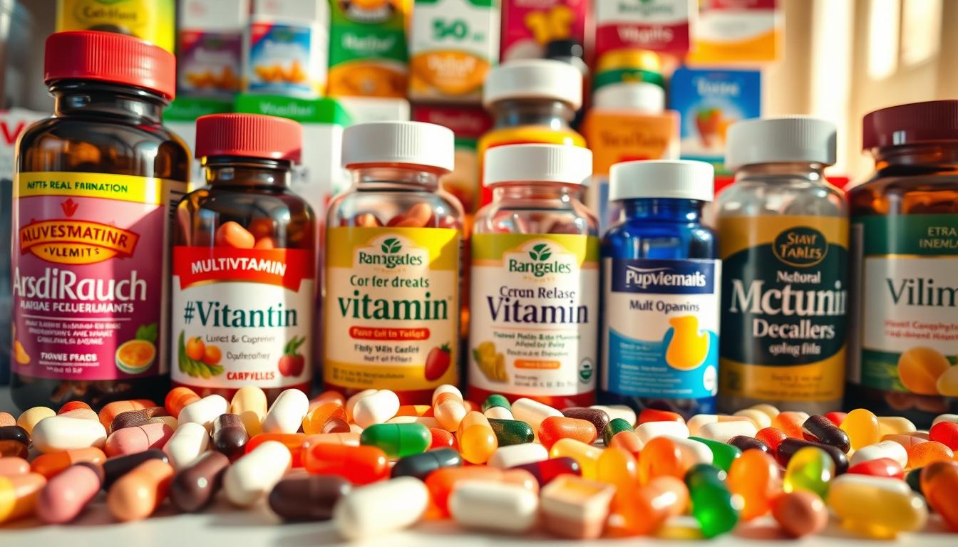 A vibrant close-up tableau of various affordable multivitamin brands, their distinctive formulation types displayed side-by-side. In the foreground, a variety of capsules, tablets, and gummies are arranged neatly, showcasing their diverse shapes, sizes, and colors. The middle ground features a selection of multivitamin bottles, each with a clearly legible label highlighting its key features like "Vegetarian", "Slow Release", or "Extra Minerals". In the background, a softly blurred arrangement of additional multivitamin packaging provides context and depth. The lighting is warm and natural, casting subtle shadows that accentuate the textural details of the products. The overall composition is balanced and visually appealing, inviting the viewer to closely examine the formulation differences between these affordable multivitamin options.