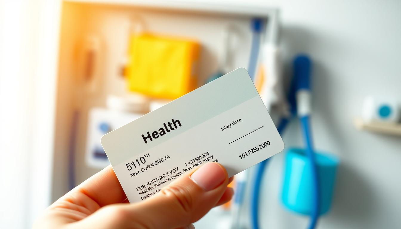 A vibrant, close-up view of a health insurance card, its details crisp and clear. The card is held in the foreground, with a soft, blurred background of medical equipment and supplies, suggesting the connection between insurance and healthcare. The lighting is warm and natural, creating a sense of reassurance and security. The composition is balanced, with the card positioned centrally, drawing the viewer's attention to the key information it displays. The overall atmosphere conveys the importance of having the right health insurance coverage to manage costs and access quality care.