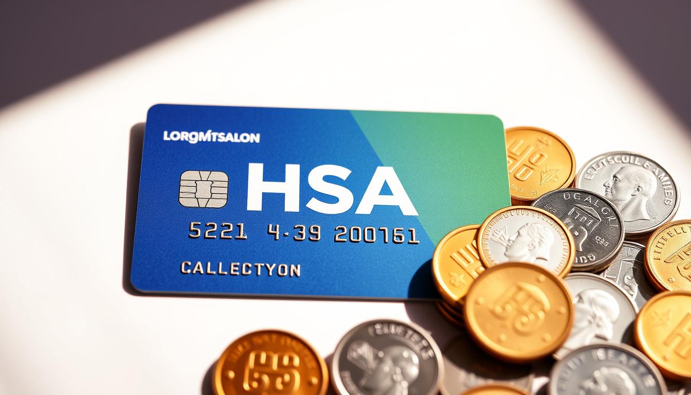 A vibrant, close-up view of an HSA (Health Savings Account) card and coins, set against a clean, minimalist background. The card is meticulously detailed, showcasing the logo, account details, and a tactile, embossed texture. The coins, in various denominations, are arranged in a visually appealing pattern, highlighting the financial aspects of an HSA. Warm, directional lighting casts subtle shadows, adding depth and dimension to the scene. The overall composition conveys the concept of saving money and managing healthcare costs through an HSA in a clean, modern, and visually engaging way.