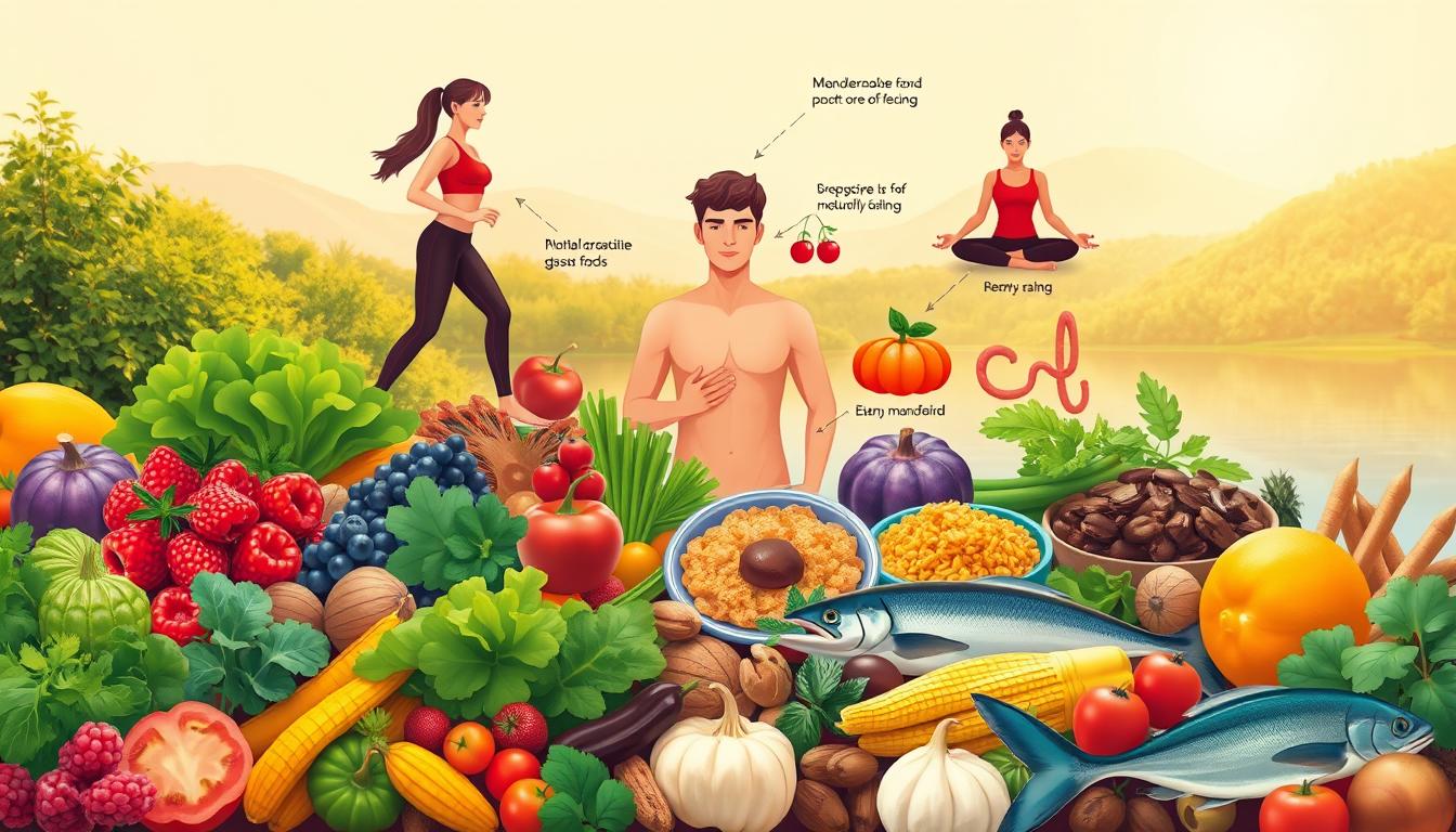 A vibrant, colorful illustration depicting natural ways to boost CCK, as recommended by leading endocrinologists. In the foreground, a diverse array of whole, nutrient-dense foods - such as leafy greens, berries, nuts, and fatty fish - are thoughtfully arranged. The middle ground showcases various lifestyle elements that support CCK production, including a person engaging in moderate exercise, practicing mindful eating, and managing stress through meditation. The background features a serene, nature-inspired setting with lush greenery, a calming body of water, and warm, diffused lighting that emanates a sense of balance and well-being. The overall composition conveys a holistic, evidence-based approach to naturally enhancing CCK levels for improved weight management. A vibrant, colorful illustration depicting natural ways to boost CCK, as recommended by leading endocrinologists. In the foreground, a diverse array of whole, nutrient-dense foods - such as leafy greens, berries, nuts, and fatty fish - are thoughtfully arranged. The middle ground showcases various lifestyle elements that support CCK production, including a person engaging in moderate exercise, practicing mindful eating, and managing stress through meditation. The background features a serene, nature-inspired setting with lush greenery, a calming body of water, and warm, diffused lighting that emanates a sense of balance and well-being. The overall composition conveys a holistic, evidence-based approach to naturally enhancing CCK levels for improved weight management.