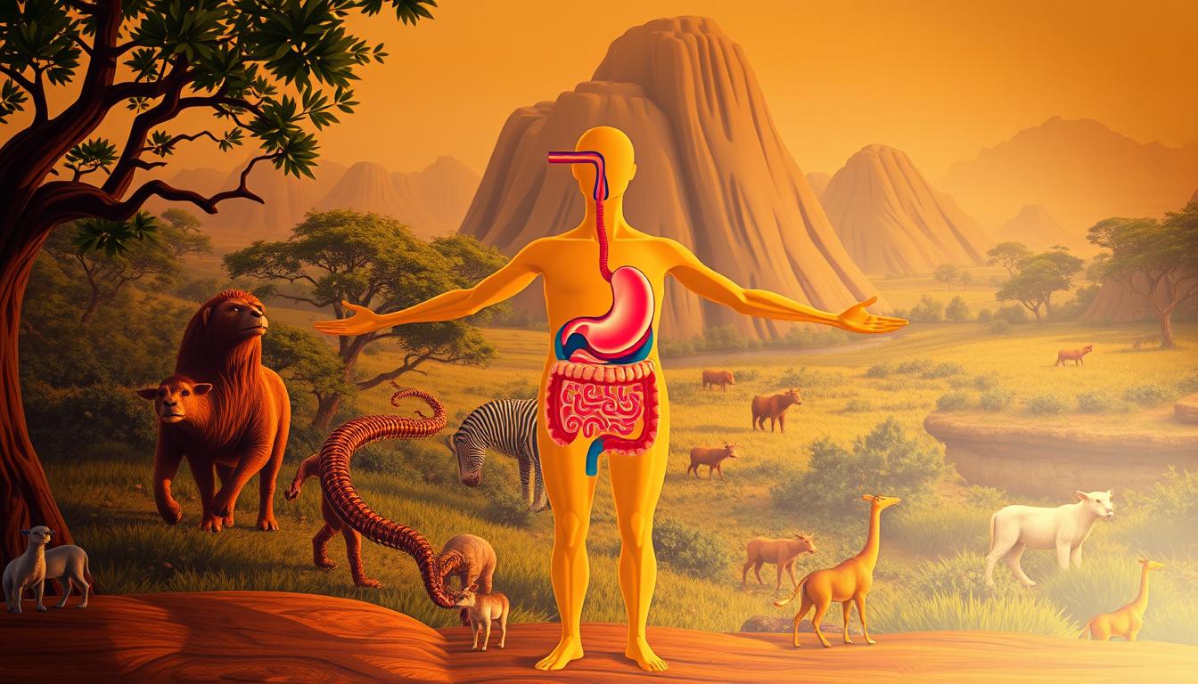 A vibrant, colorful illustration depicting the evolutionary roots of appetite regulation. In the foreground, a stylized human figure stands with arms outstretched, representing the complex interplay between the hormones CCK and ghrelin. The middle ground showcases a detailed cross-section of the digestive system, highlighting the key pathways and organs involved in appetite signaling. In the background, a lush, naturalistic landscape evokes the primal origins of these biological mechanisms, with animals and plant life subtly integrated. The lighting is warm and diffused, creating a sense of depth and atmosphere. The overall composition conveys the delicate balance and evolutionary adaptation of the hormonal systems that govern our hunger and satiety.