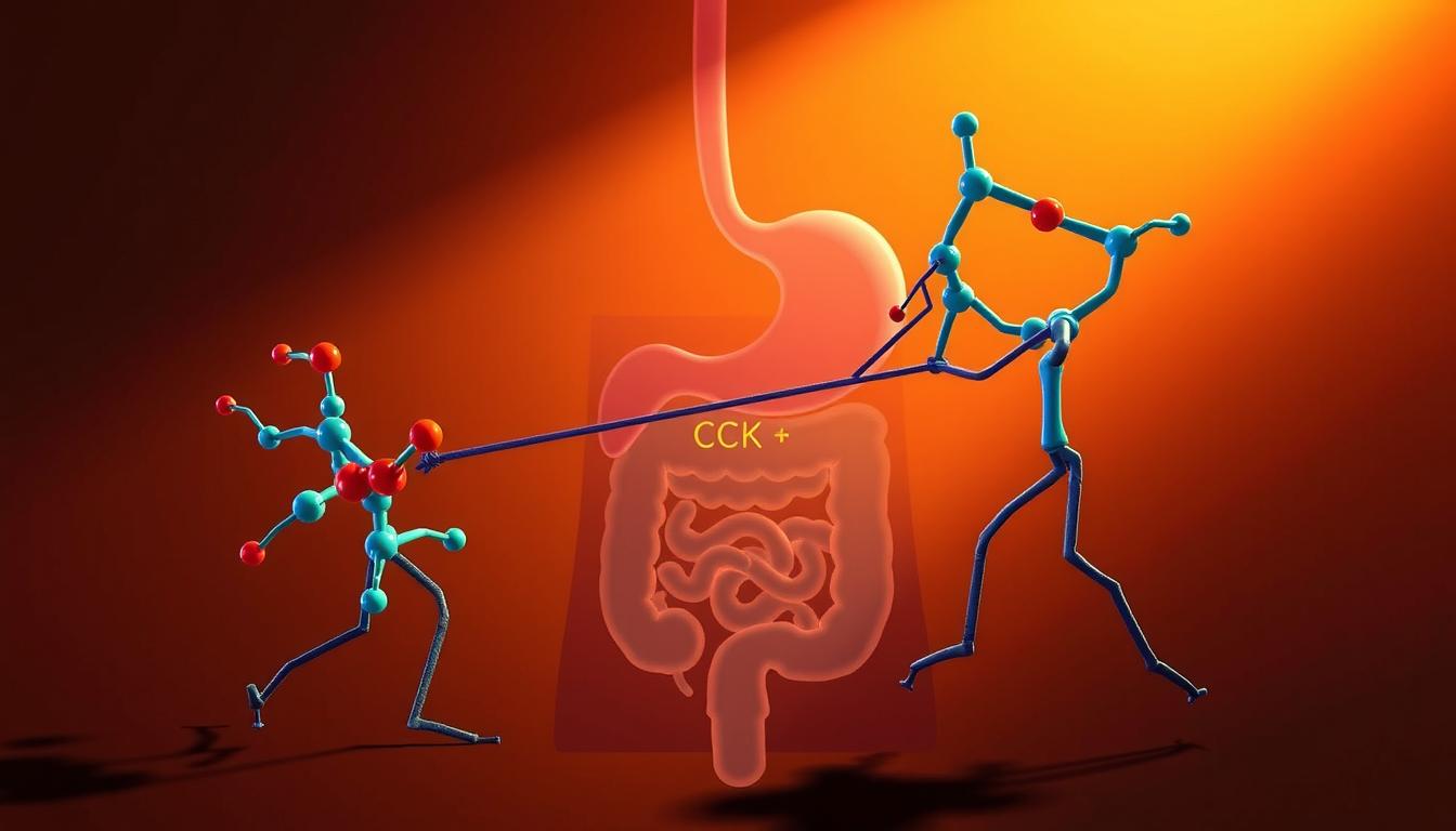 A vibrant, colorful illustration depicting the hormonal signaling dynamics between cholecystokinin (CCK) and ghrelin, the key appetite-regulating hormones. In the foreground, stylized depictions of CCK and ghrelin molecules engage in a tug-of-war, representing their counterbalancing effects on hunger and satiety. The middle ground showcases a stylized cross-section of the gastrointestinal tract, highlighting the key sites of CCK and ghrelin production and action. The background features a warm, gradient-based color palette, evoking the medical context. Dramatic lighting from the side casts dramatic shadows, emphasizing the tension and dynamism of the hormonal interaction.
