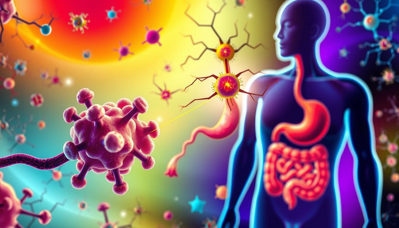 A vibrant, colorful illustration depicting the intricate connection between protein intake and the release of cholecystokinin (CCK), a crucial appetite-suppressing hormone. In the foreground, a cross-section of a protein molecule interacts with receptors on an enlarged CCK neuron, triggering its signaling pathway. The middle ground features a stylized human stomach and digestive system, highlighting the role of CCK in regulating hunger and promoting satiety. The background showcases a dynamic interplay of molecular structures, neural networks, and bold gradients, conveying the complex physiological mechanisms at play. Dramatic lighting and a seamless, cohesive composition lend a sense of scientific depth and visual intrigue to this informative and impactful image.