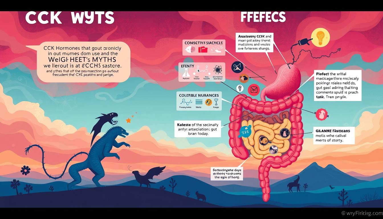A vibrant, colorful illustration depicting the myths and facts surrounding CCK, the gut hormone that could help with weight loss. In the foreground, a stylized digestive system diagram showcases the role of CCK, with mythical creatures representing common misconceptions surrounding its effects. The middle ground features a collage of scientific icons, data visualizations, and textual callouts debunking these myths. The background is a dynamic, abstract landscape evoking the complexity of the human body and the fascinating world of gut-brain interactions. A vibrant, colorful illustration depicting the myths and facts surrounding CCK, the gut hormone that could help with weight loss. In the foreground, a stylized digestive system diagram showcases the role of CCK, with mythical creatures representing common misconceptions surrounding its effects. The middle ground features a collage of scientific icons, data visualizations, and textual callouts debunking these myths. The background is a dynamic, abstract landscape evoking the complexity of the human body and the fascinating world of gut-brain interactions.