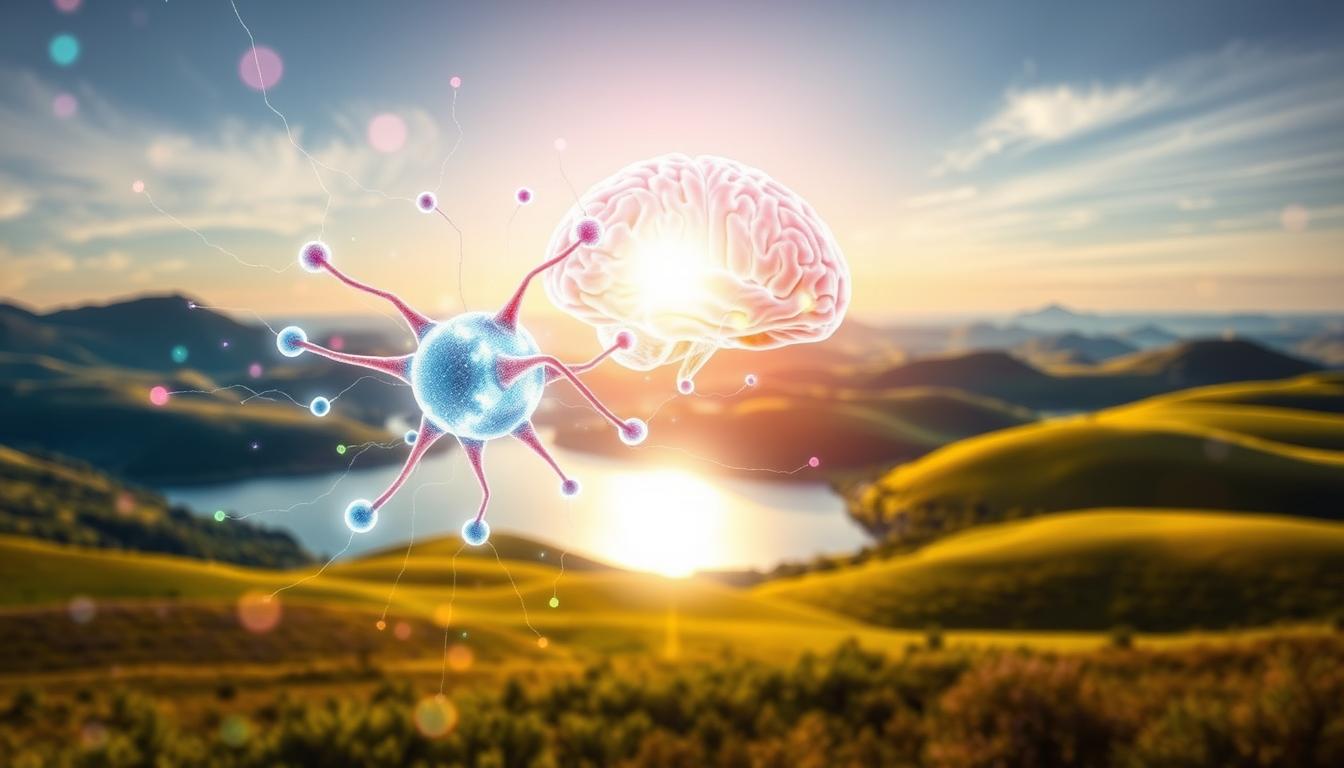 A vibrant, colorful illustration of the hormone cholecystokinin (CCK) and its influence on mental health regulation. In the foreground, a glowing, translucent CCK molecule pulses with energy, surrounded by a halo of neural pathways and synaptic connections. In the middle ground, a human brain is depicted, with regions associated with mood, anxiety, and decision-making highlighted. The background features a serene, calming landscape, with rolling hills, a calm lake, and a soft, diffused light that creates a sense of harmony and balance. The composition conveys the intricate relationship between CCK, the brain, and mental well-being, highlighting the hormone's crucial role in regulating mood, stress, and overall psychological health.
