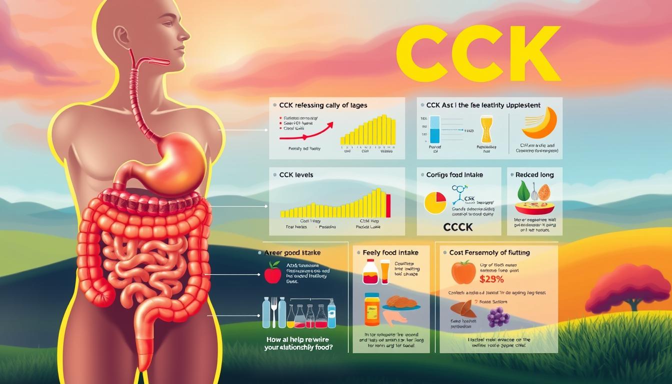 A vibrant, colorful illustration showcasing the science behind CCK (cholecystokinin) and its role in satiety. In the foreground, a detailed anatomical diagram of the digestive system, with the CCK-releasing cells in the intestines highlighted. In the middle ground, a series of scientific charts and graphs illustrating the relationship between CCK levels, feelings of fullness, and reduced food intake. In the background, a serene, abstract landscape representing the holistic understanding of how CCK can help rewire our relationship with food.