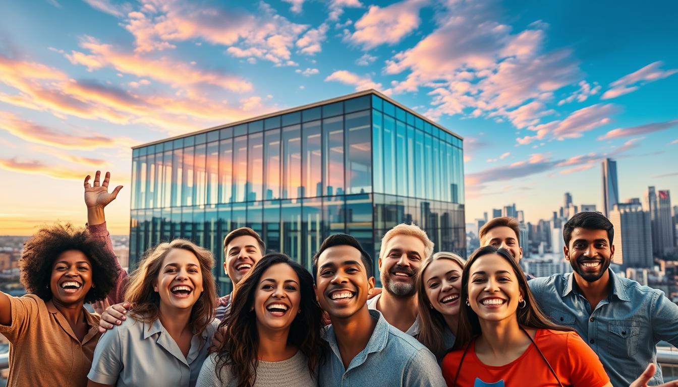 A vibrant, colorful image showcasing a dynamic health insurance concept. In the foreground, a diverse group of people celebrating their affordable, quality healthcare coverage, their expressions radiating joy and relief. The middle ground features a sleek, futuristic medical facility, its glass facade reflecting the vibrant sky above. In the background, a bustling cityscape, with towering skyscrapers and a sense of urban energy. The lighting is warm and inviting, emphasizing the sense of wellbeing and security. The composition is balanced, with the people taking center stage, underscoring the core message of accessible, affordable health insurance. Overall, the image conveys a feeling of optimism, empowerment, and the peace of mind that comes with finding the right health coverage.