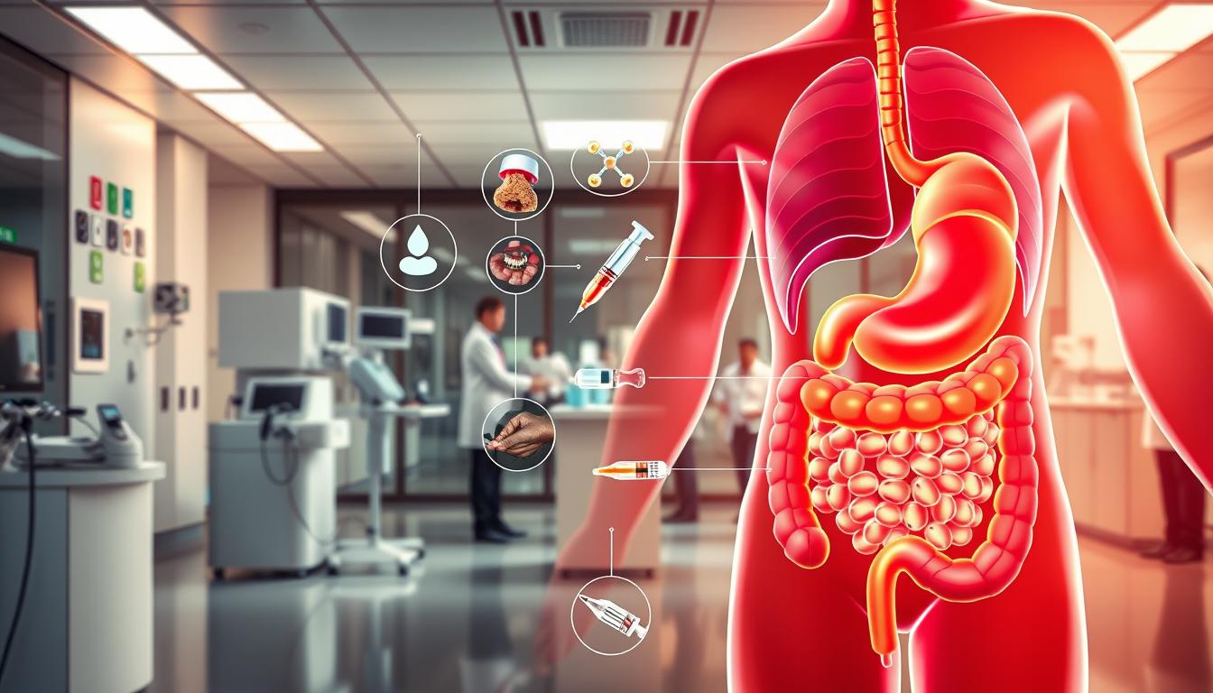A vibrant, colorful medical illustration showcasing the latest interventions for CCK (cholecystokinin) weight loss. In the foreground, a detailed anatomical diagram of the gut, highlighting the release of CCK. In the middle ground, various medical devices and treatments, such as hormone injections, appetite suppressants, and surgical procedures. The background features a sleek, modern laboratory setting with state-of-the-art equipment and a team of medical professionals. The lighting is warm and natural, creating a sense of professionalism and innovation. The overall atmosphere conveys the latest advancements in CCK-based weight loss therapies. A vibrant, colorful medical illustration showcasing the latest interventions for CCK (cholecystokinin) weight loss. In the foreground, a detailed anatomical diagram of the gut, highlighting the release of CCK. In the middle ground, various medical devices and treatments, such as hormone injections, appetite suppressants, and surgical procedures. The background features a sleek, modern laboratory setting with state-of-the-art equipment and a team of medical professionals. The lighting is warm and natural, creating a sense of professionalism and innovation. The overall atmosphere conveys the latest advancements in CCK-based weight loss therapies.
