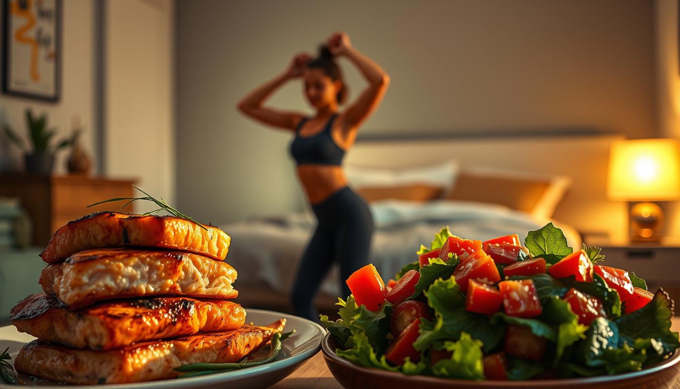 A vibrant, colorful scene depicting effective overnight fat burn strategies. In the foreground, a stack of healthy, high-protein dinner options such as grilled salmon, roasted vegetables, and a leafy green salad, all bathed in warm, golden lighting. In the middle ground, a person engaged in a light evening workout, perhaps doing some simple yoga poses or bodyweight exercises. The background features a serene, dimly lit bedroom, with a comfortable-looking bed and soothing, indirect lighting, conveying a sense of rest and recovery. The overall atmosphere is one of wellness, balance, and the synergistic benefits of a healthy diet and light physical activity for triggering overnight fat burn.