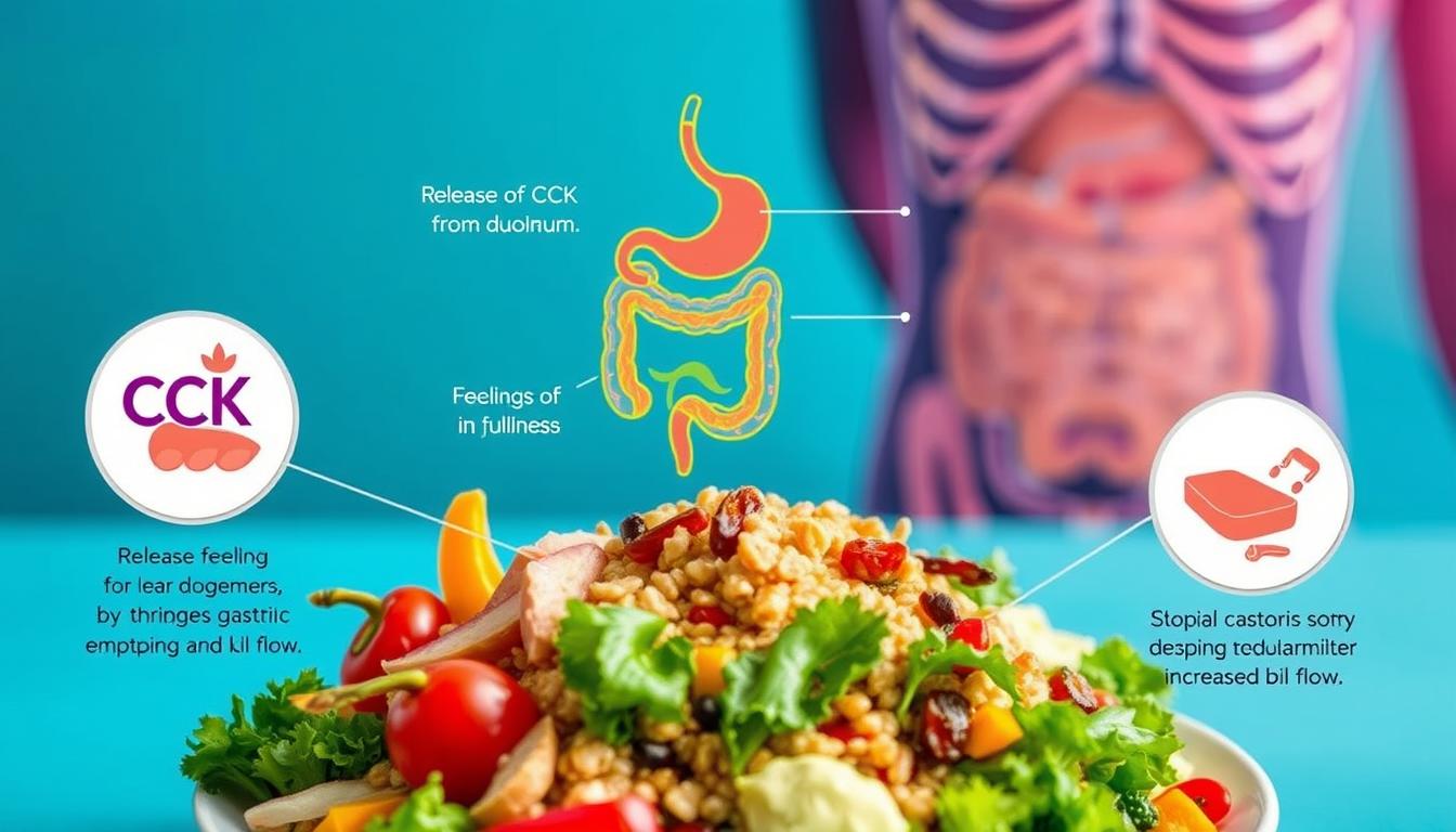 A vibrant, colorful scene depicting the optimal timing and mechanisms of cholecystokinin (CCK) release during a meal. In the foreground, a plate overflows with a diverse array of fresh, healthy ingredients - vegetables, grains, and a lean protein source. Surrounding the plate, illustrations of the digestive process highlight the release of CCK from the duodenum, which triggers feelings of satiety and fullness. In the middle ground, a digestive tract diagram shows the cascading effects of CCK, including slowed gastric emptying and increased bile flow. In the background, a stylized representation of the human body depicts the broader physiological impacts of proper meal timing and CCK optimization, such as stabilized blood sugar and reduced risk of overeating.