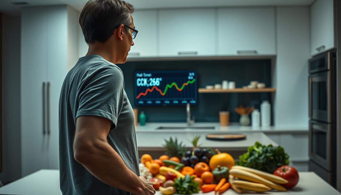 A vibrant, colorful scene of a health-conscious individual monitoring their cholecystokinin (CCK) levels for weight management. In the foreground, a person stands before a digital display, analyzing real-time CCK data from a wearable device. The middle ground features a selection of healthy, nutrient-dense foods, symbolizing the dietary approach. In the background, a sleek, modern kitchen with clean lines and a minimalist design sets the atmosphere. Soft, diffused lighting creates a warm, inviting ambiance, while the overall composition conveys a sense of wellness, control, and personal empowerment. A vibrant, colorful scene of a health-conscious individual monitoring their cholecystokinin (CCK) levels for weight management. In the foreground, a person stands before a digital display, analyzing real-time CCK data from a wearable device. The middle ground features a selection of healthy, nutrient-dense foods, symbolizing the dietary approach. In the background, a sleek, modern kitchen with clean lines and a minimalist design sets the atmosphere. Soft, diffused lighting creates a warm, inviting ambiance, while the overall composition conveys a sense of wellness, control, and personal empowerment.