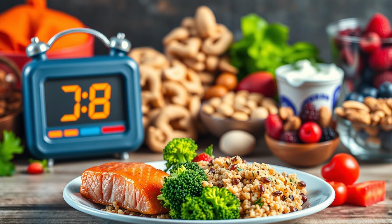 A vibrant, colorful scene showcasing various meal timing strategies to boost CCK levels. In the foreground, a plate of nutritious foods like salmon, broccoli, and quinoa is prominently displayed, highlighting the importance of balanced meals. In the middle ground, a digital timer and clock symbolize the concept of timed eating patterns. The background features an array of healthy snacks, such as nuts, berries, and yogurt, demonstrating supplementary options to support CCK production. The lighting is warm and natural, evoking a sense of wellness and appetite stimulation. The overall composition conveys a visually appealing and informative illustration of effective meal timing for better appetite control.