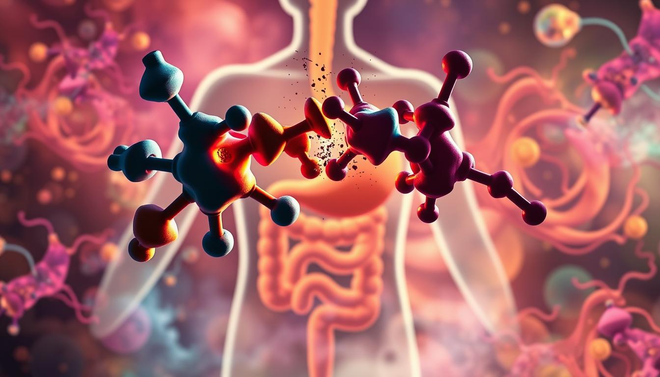 A vibrant, colorful visual representation of the hormonal tug-of-war between CCK and Ghrelin. In the foreground, two larger-than-life hormone molecules, CCK and Ghrelin, engage in a dynamic struggle, their forms intertwining and clashing with energy and intensity. The middle ground depicts a stylized human digestive system, with the gut and stomach highlighted. In the background, a swirling, ethereal landscape of biological elements and processes, hinting at the complex physiological mechanisms at play. Dramatic lighting casts deep shadows and highlights the clash of these two powerful appetite-regulating hormones. The overall composition conveys a sense of the delicate balance and constant interplay between these two vital metabolic forces.